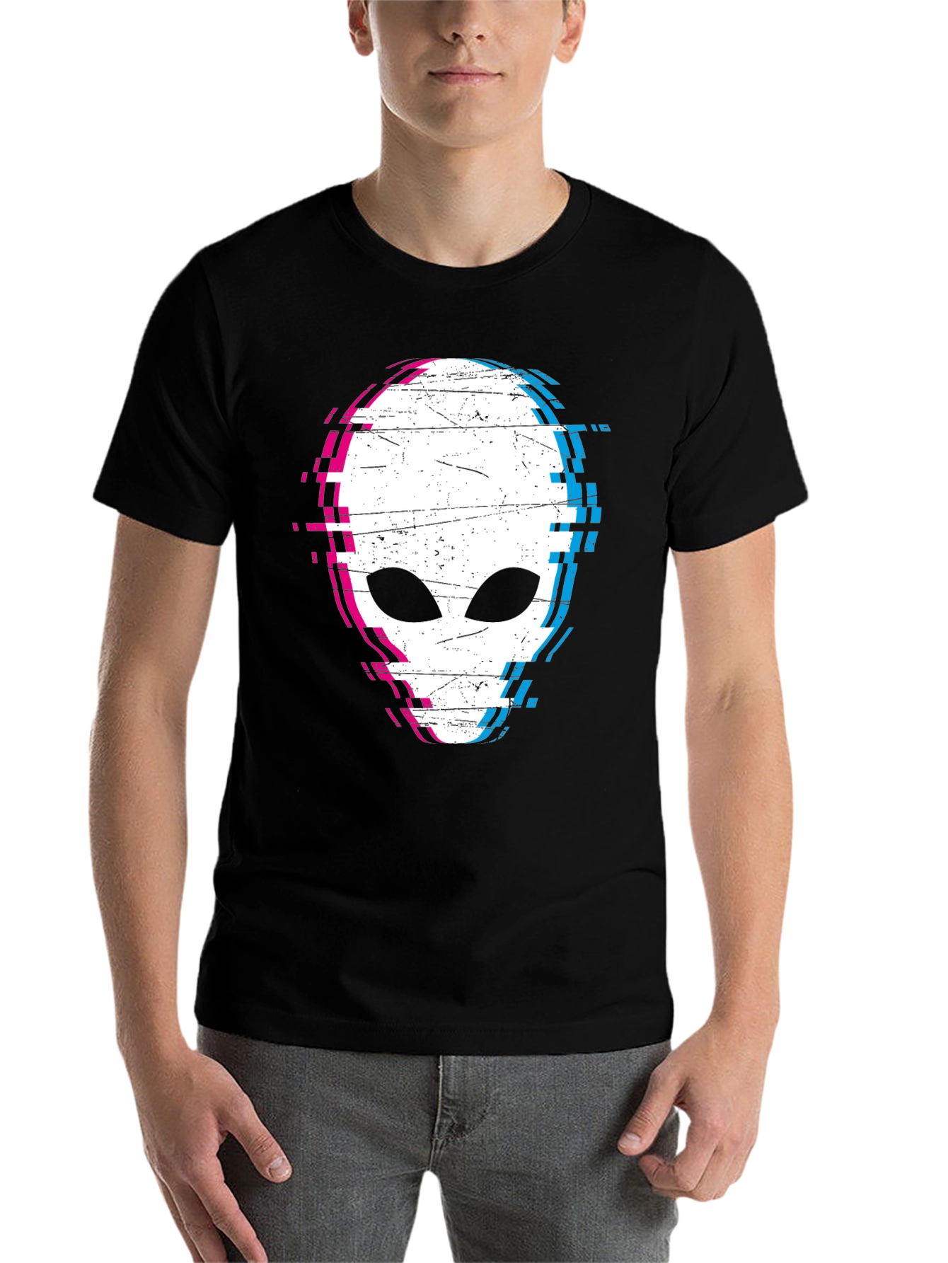 Black Glitch Alien Graphic Tee - Black Cotton Blend Shirt view 7