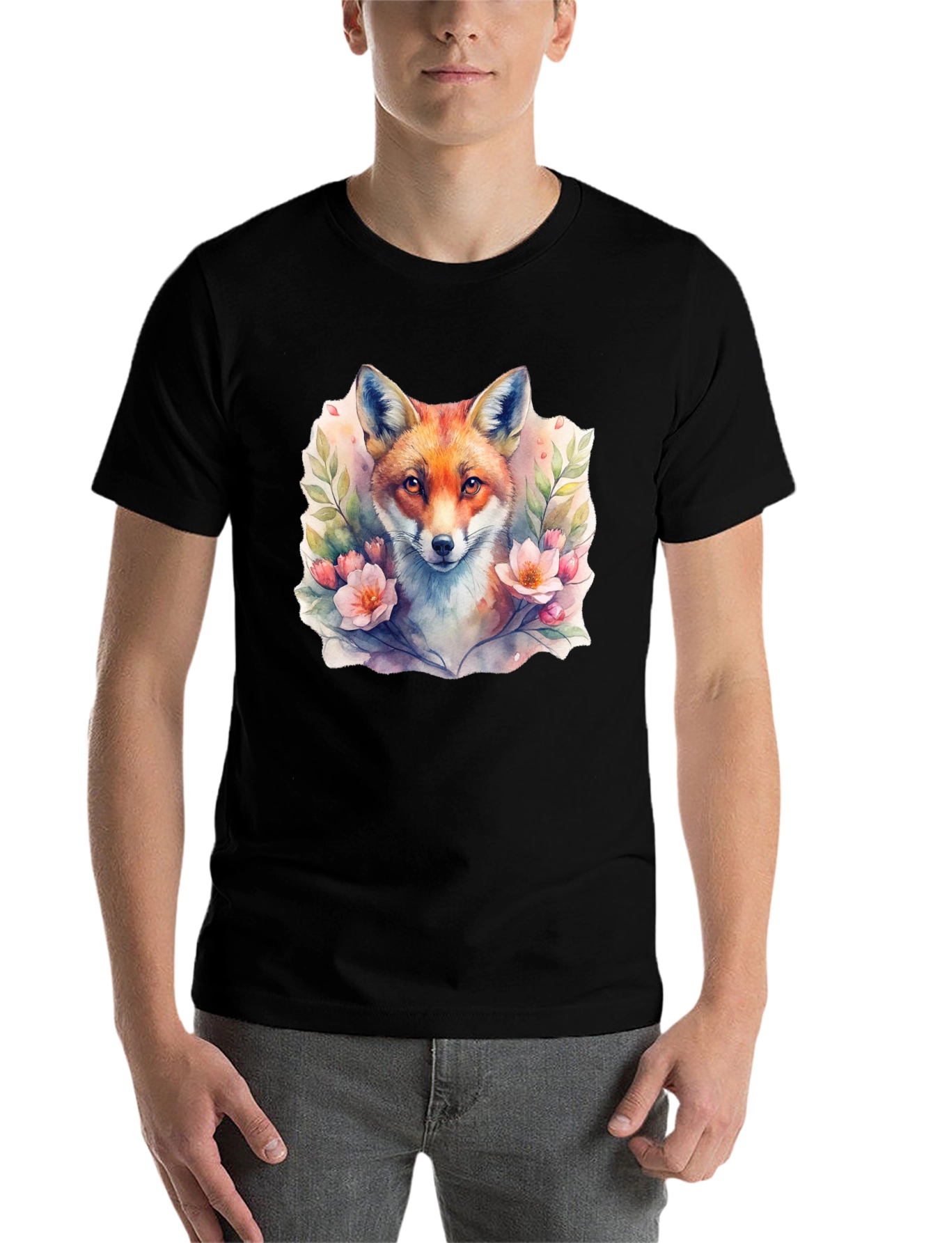 Black Fox Floral Watercolor Graphic Tee - Unisex Black T-Shirt view 7
