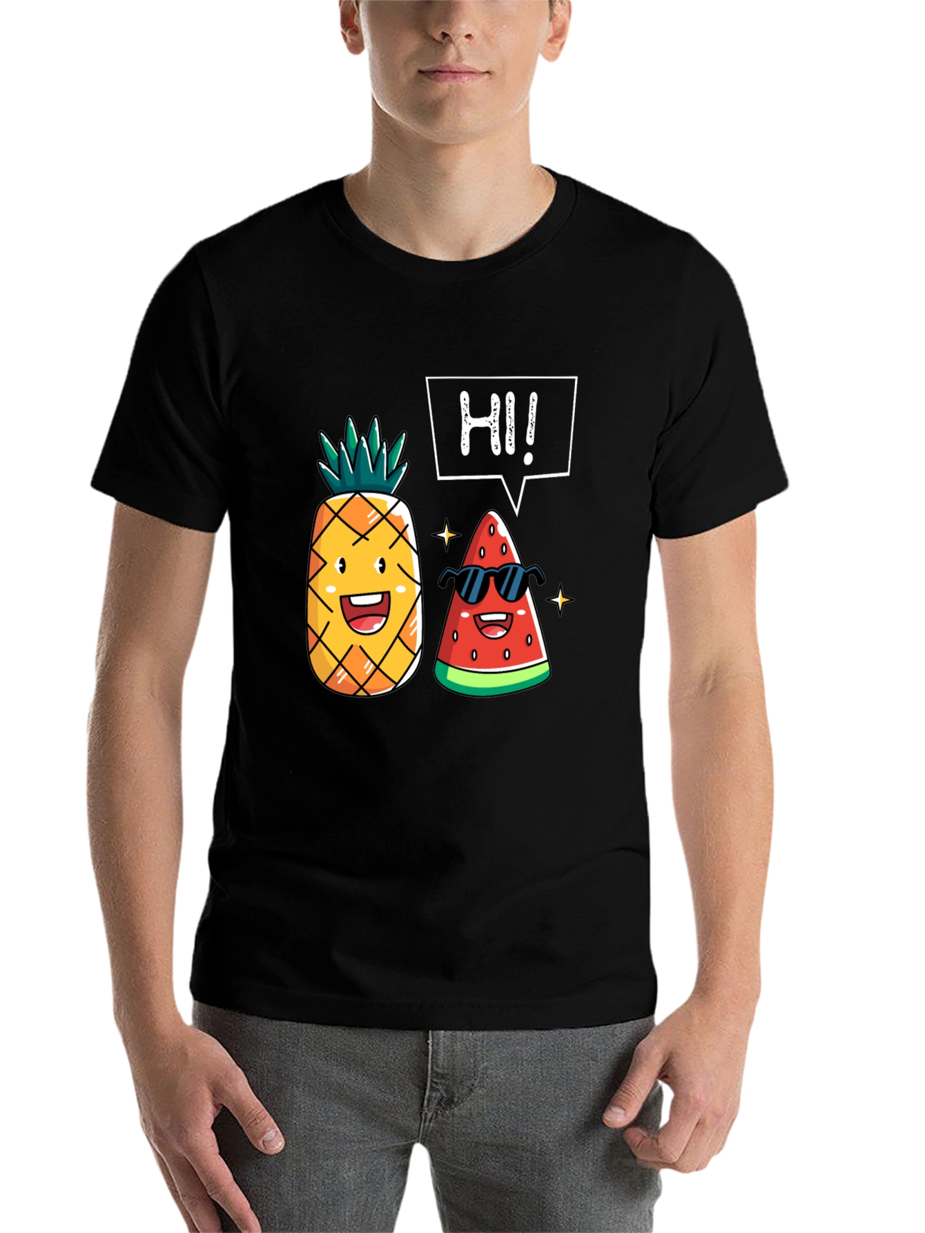 Black Funny Fruit T-Shirt: Pineapple & Watermelon Graphic Tee view 7