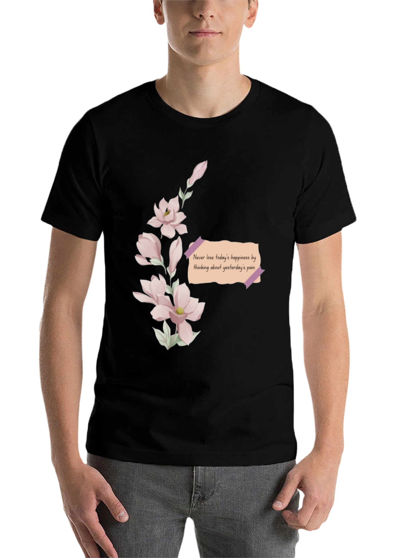 Black Floral Reminder T-Shirt - Never Lose Happiness view 7