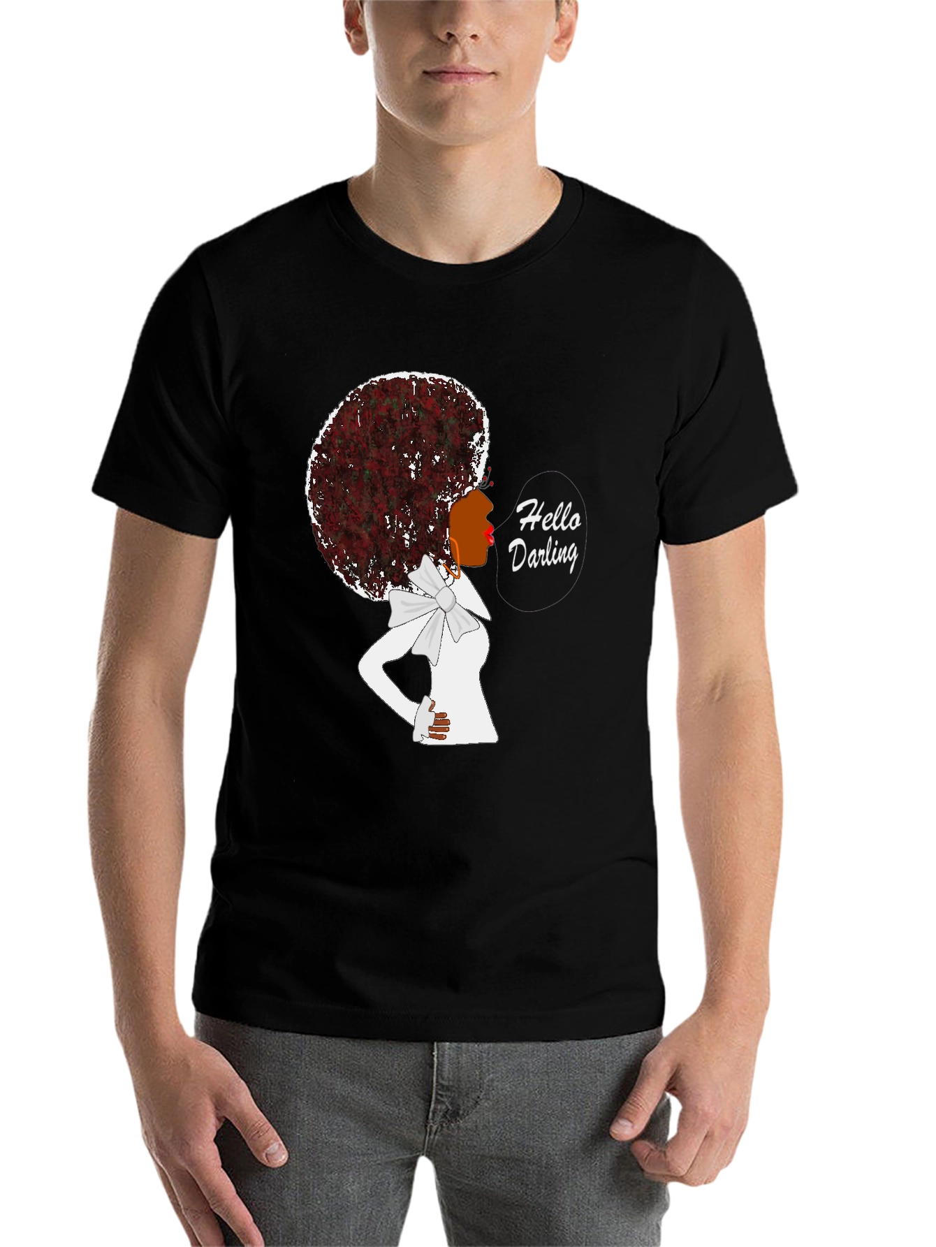 Black Afro Woman 'Hello Darling' Black T-Shirt view 7