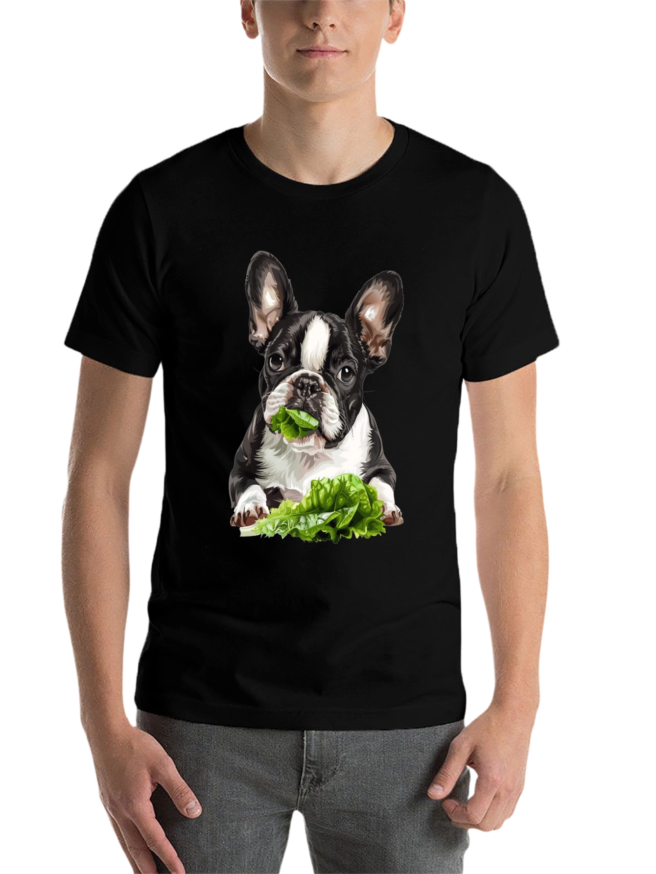Black Dog Eating Lettuce Graphic Tee - Casual Cotton T-Shirt view 7