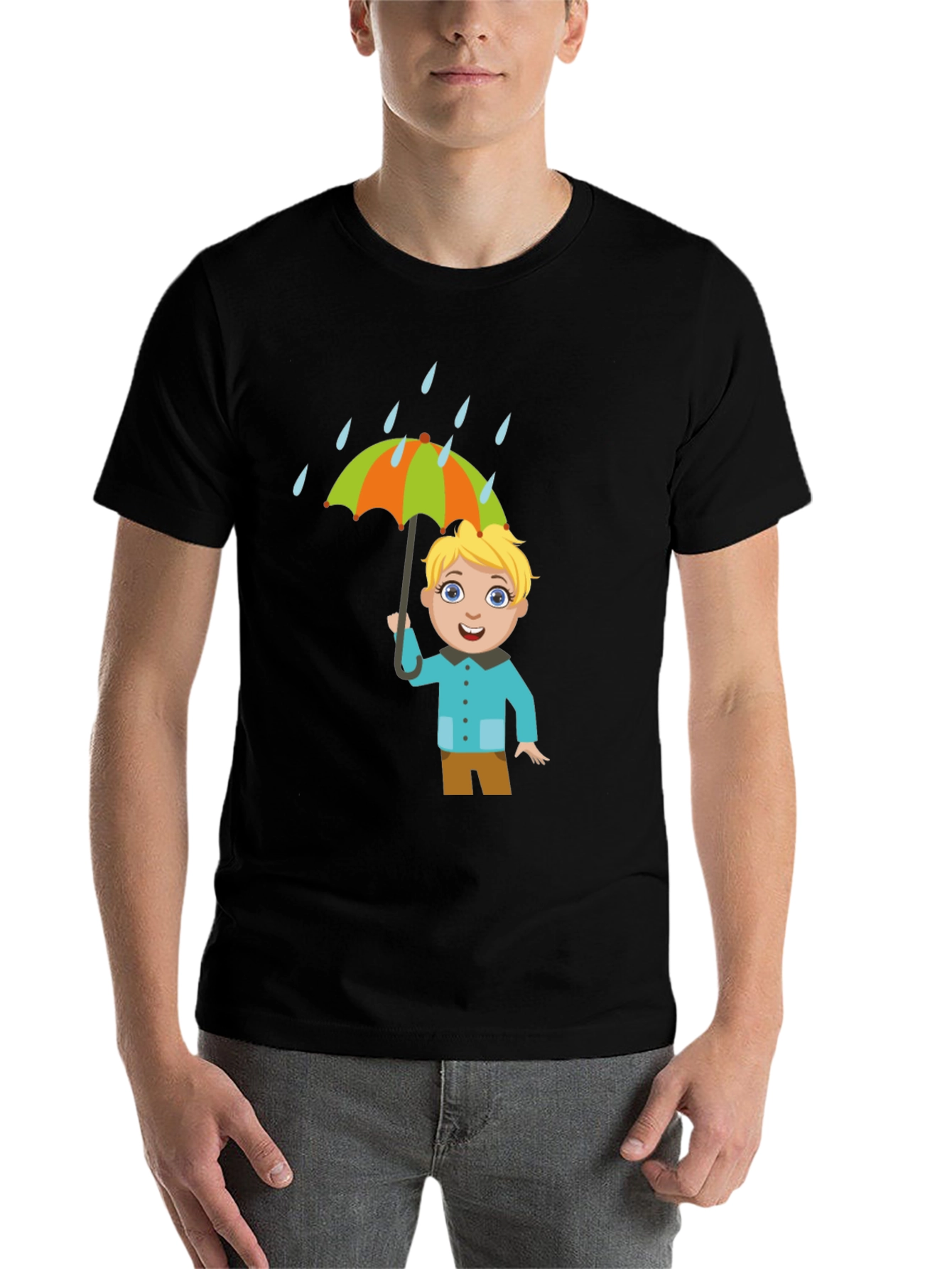 Black Cartoon Boy Umbrella Black T-Shirt view 7