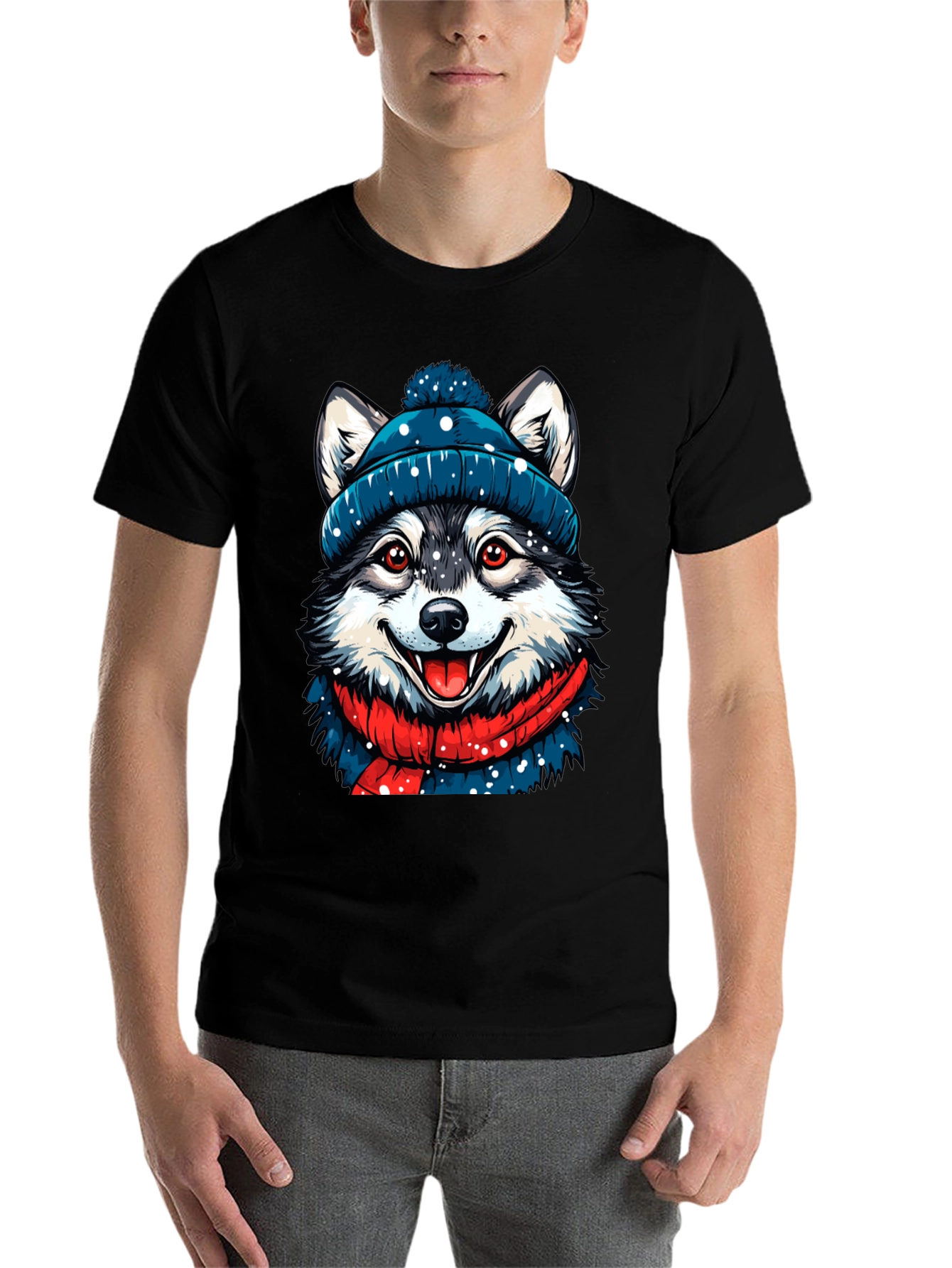 Black Festive Husky Graphic Tee - Winter Style view 7