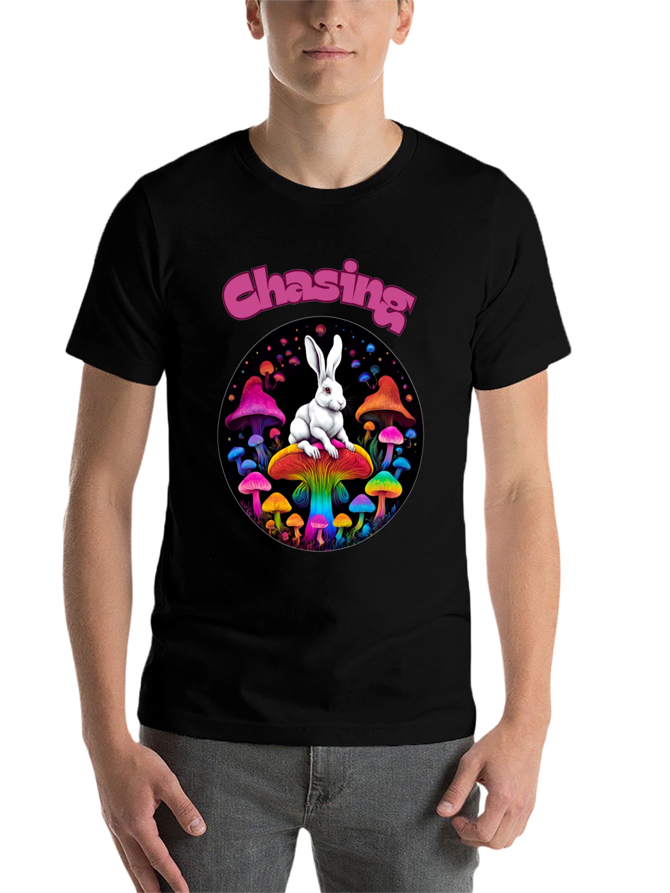Black Chasing Rabbit Mushroom Graphic Tee view 7