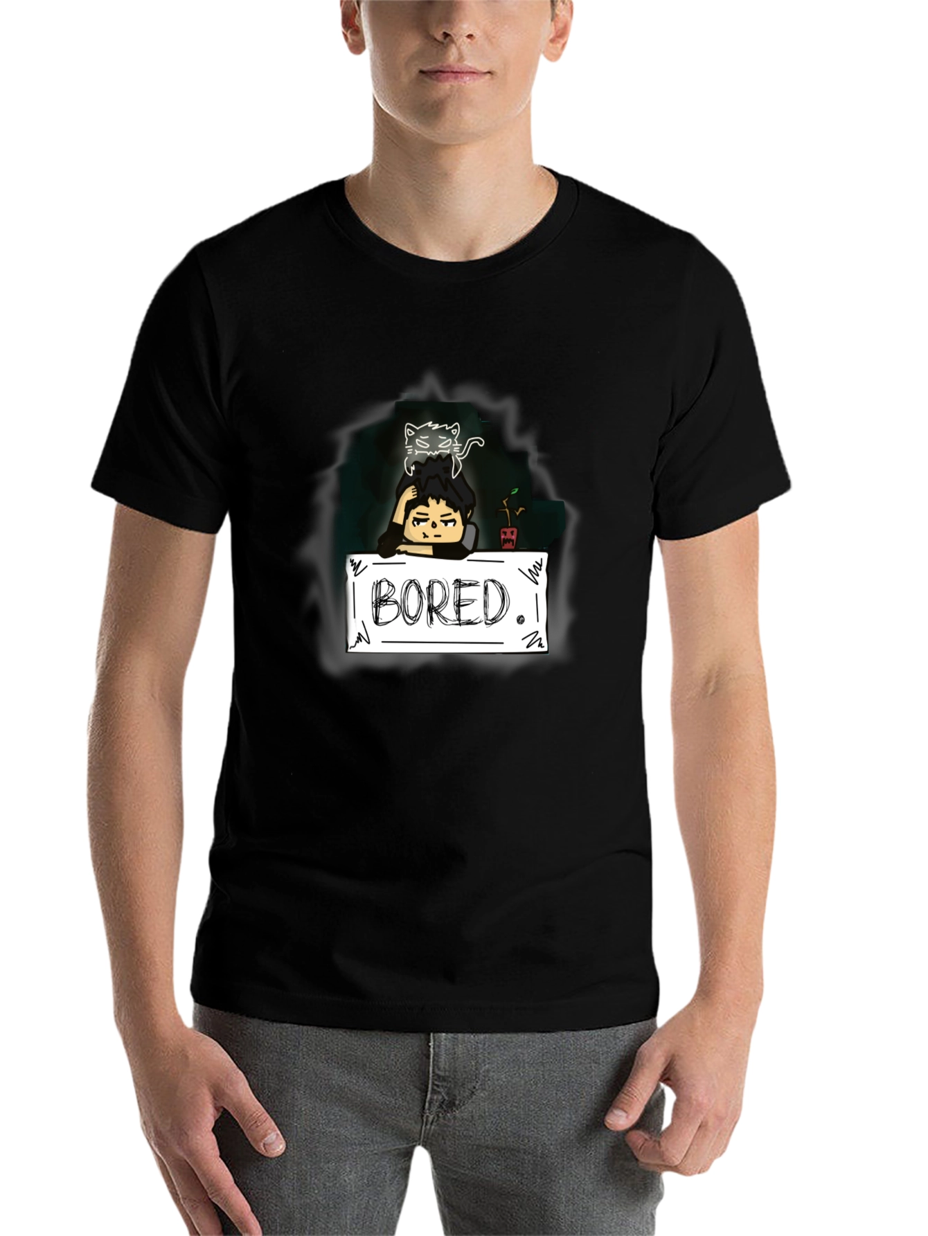 Black Bored Cat Graphic Tee - Black Cotton T-Shirt view 7