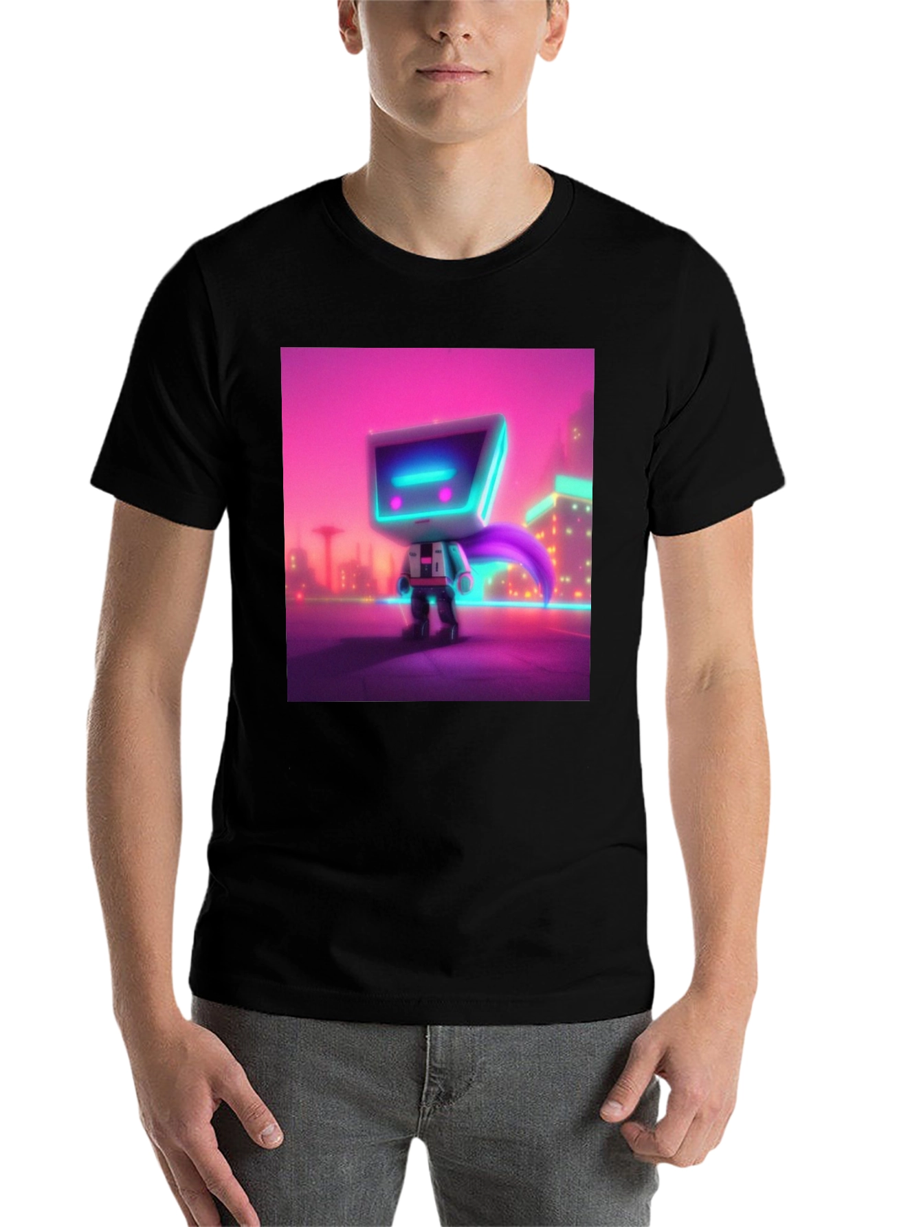 Black Cyberpunk Robot T-Shirt - Neon City Hero view 7
