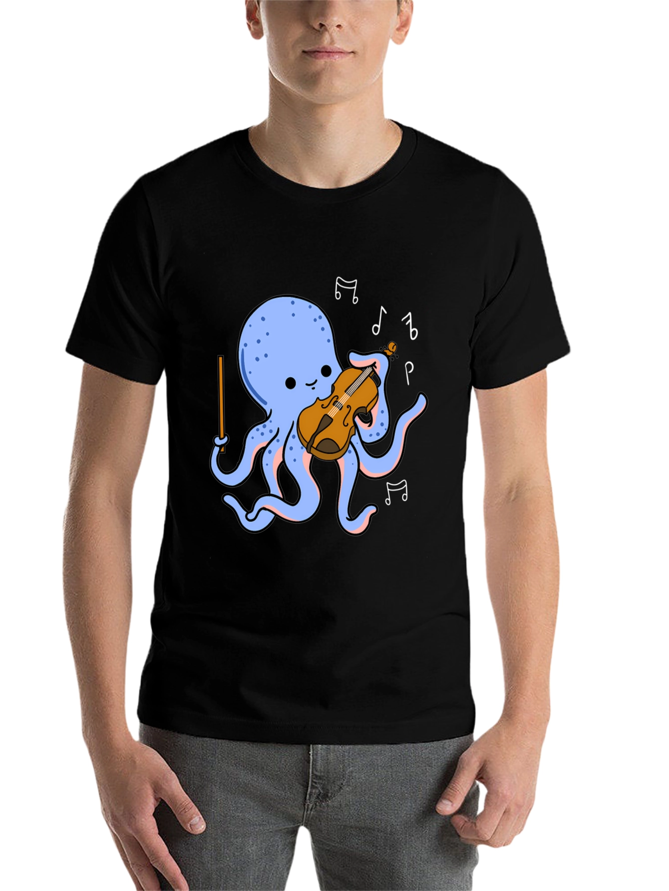 Black Octopus Musician T-Shirt - Cute Cartoon Violin Player Tee view 7