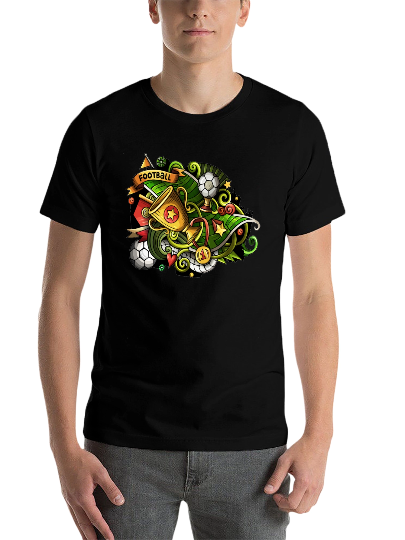 Black Football Cartoon Style T-Shirt view 7