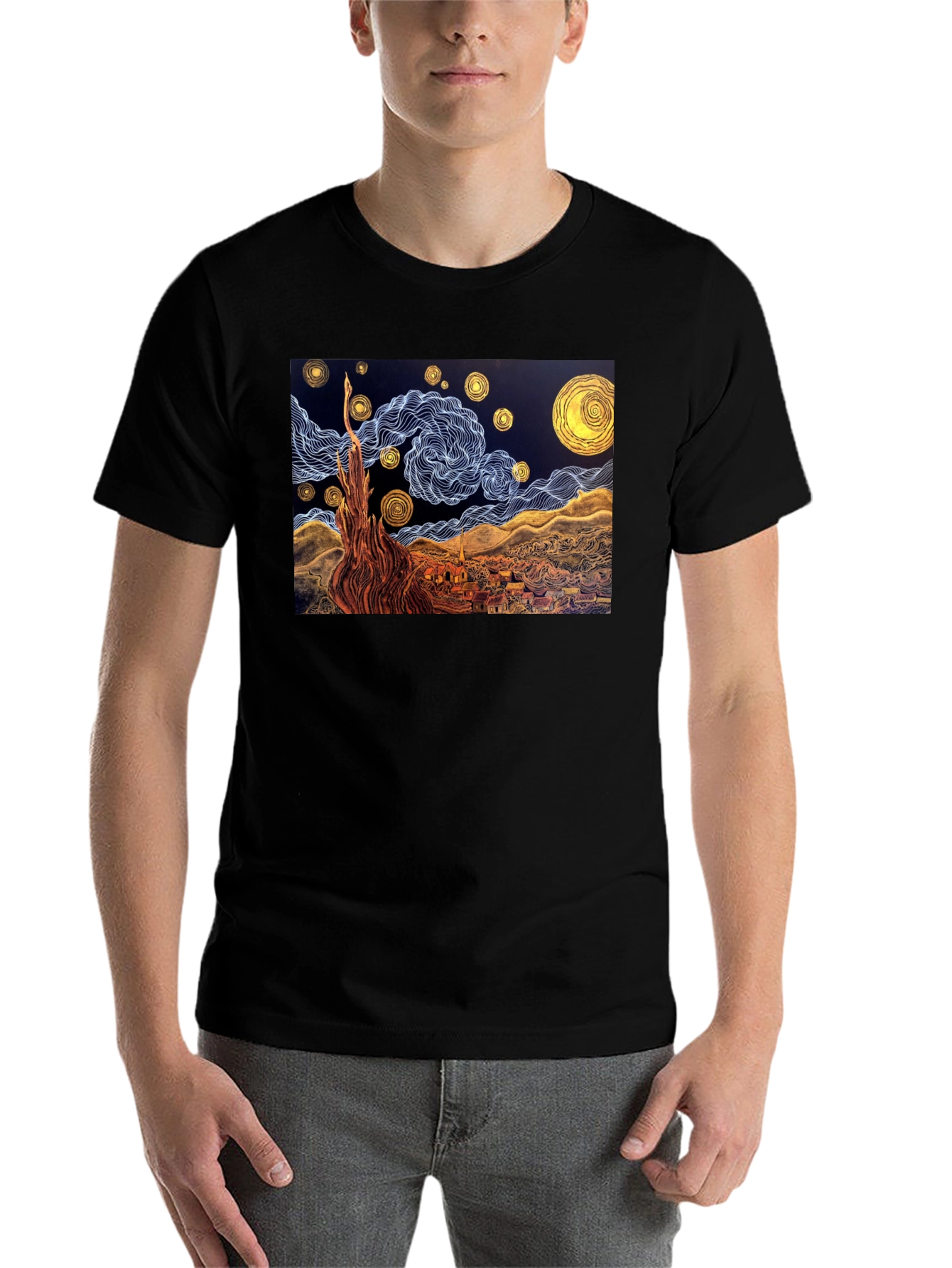 Black Starry Night Art T-Shirt view 7