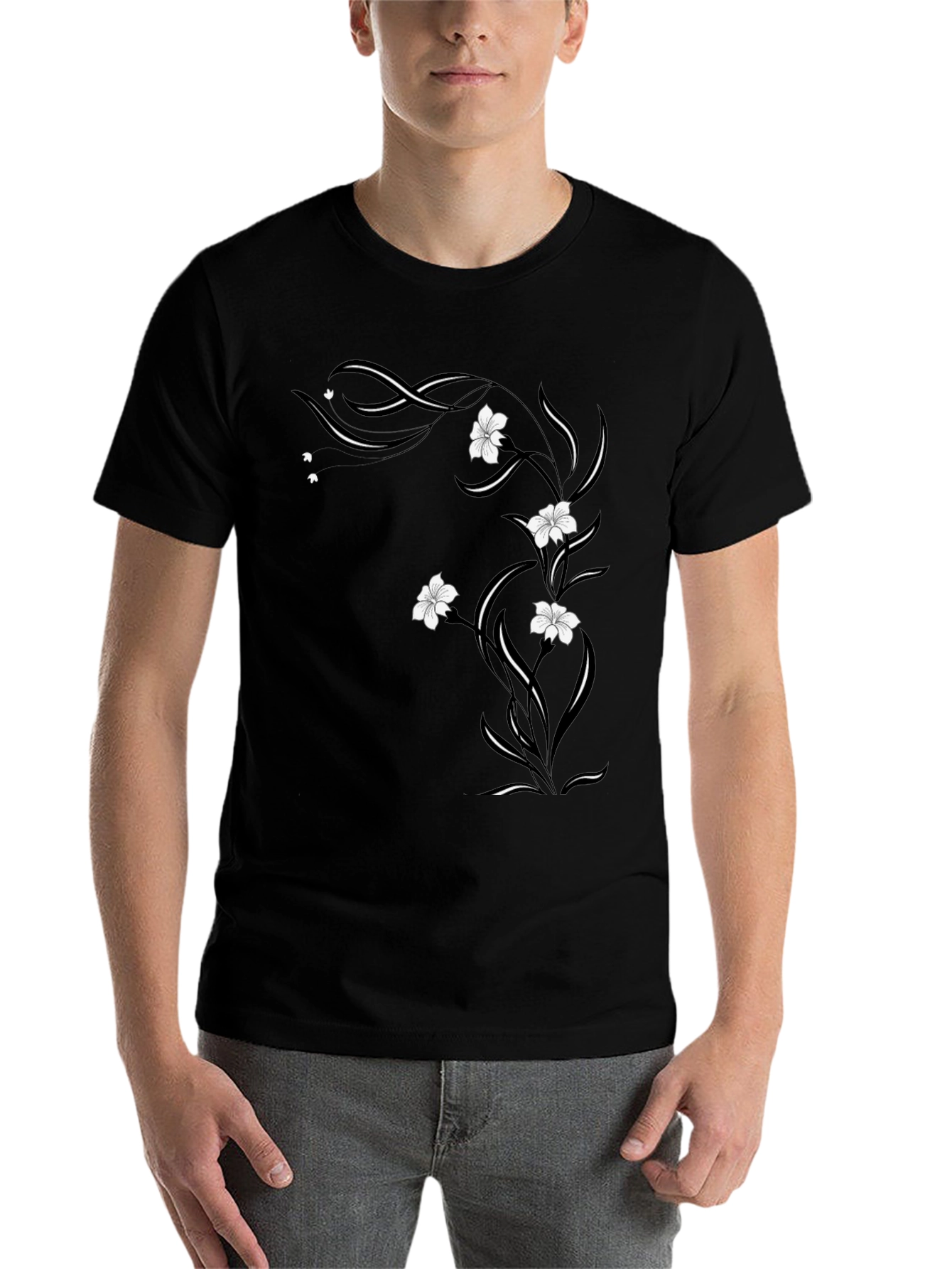 Black Floral Vine Graphic Tee - Black Cotton Blend view 7
