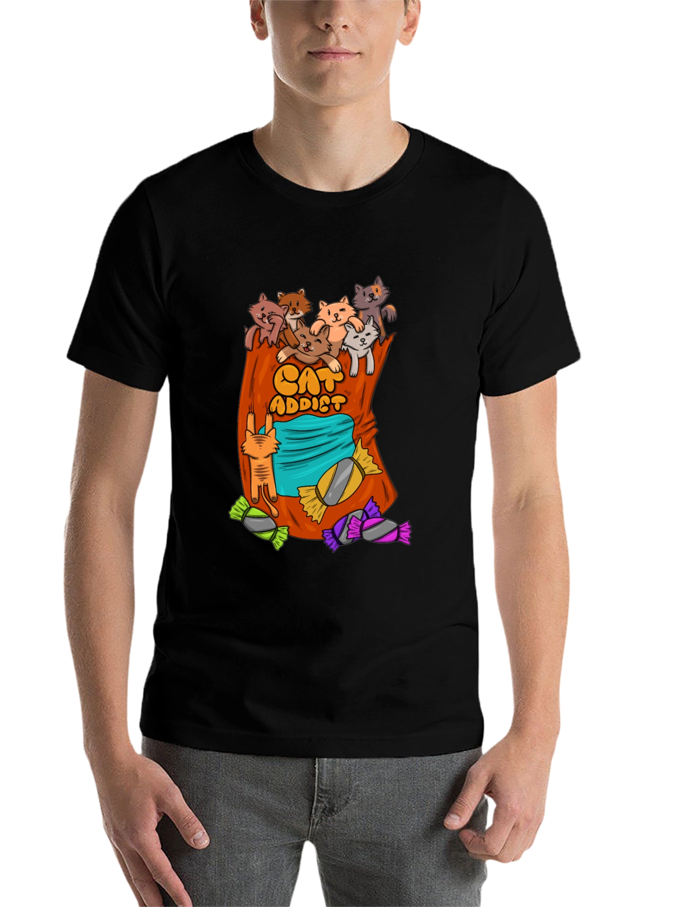 Black Cat Addict T-Shirt - Cartoon Cats & Candy! view 7