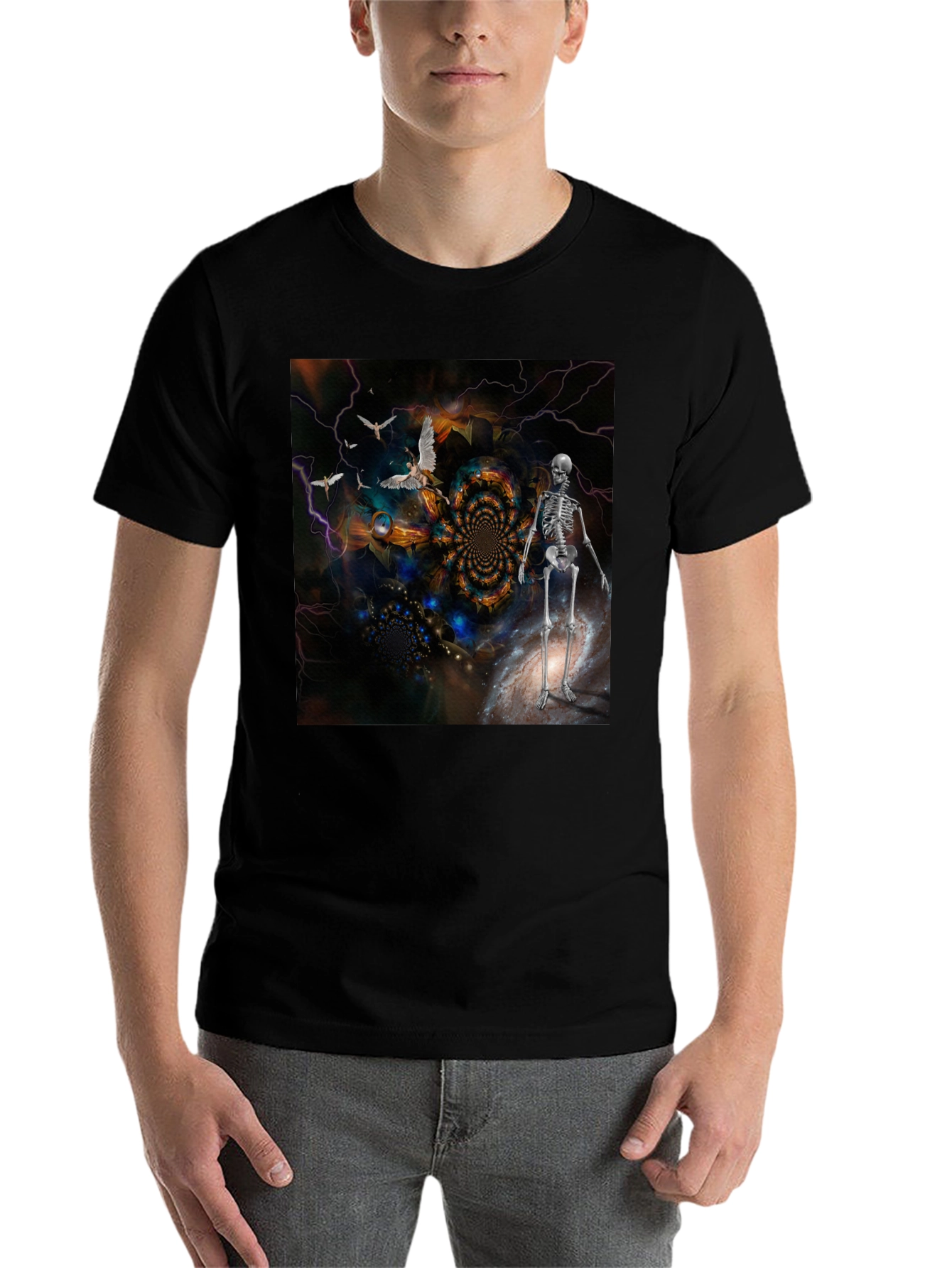 Black Surreal Skeleton Art T-Shirt view 7
