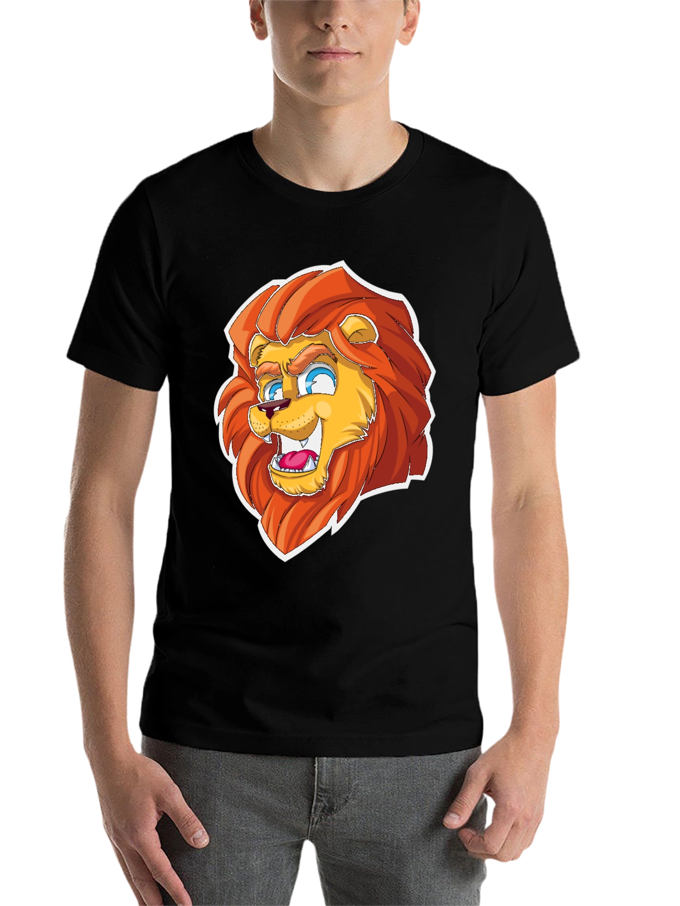Black Cartoon Lion Graphic Tee - Black Cotton Blend view 7