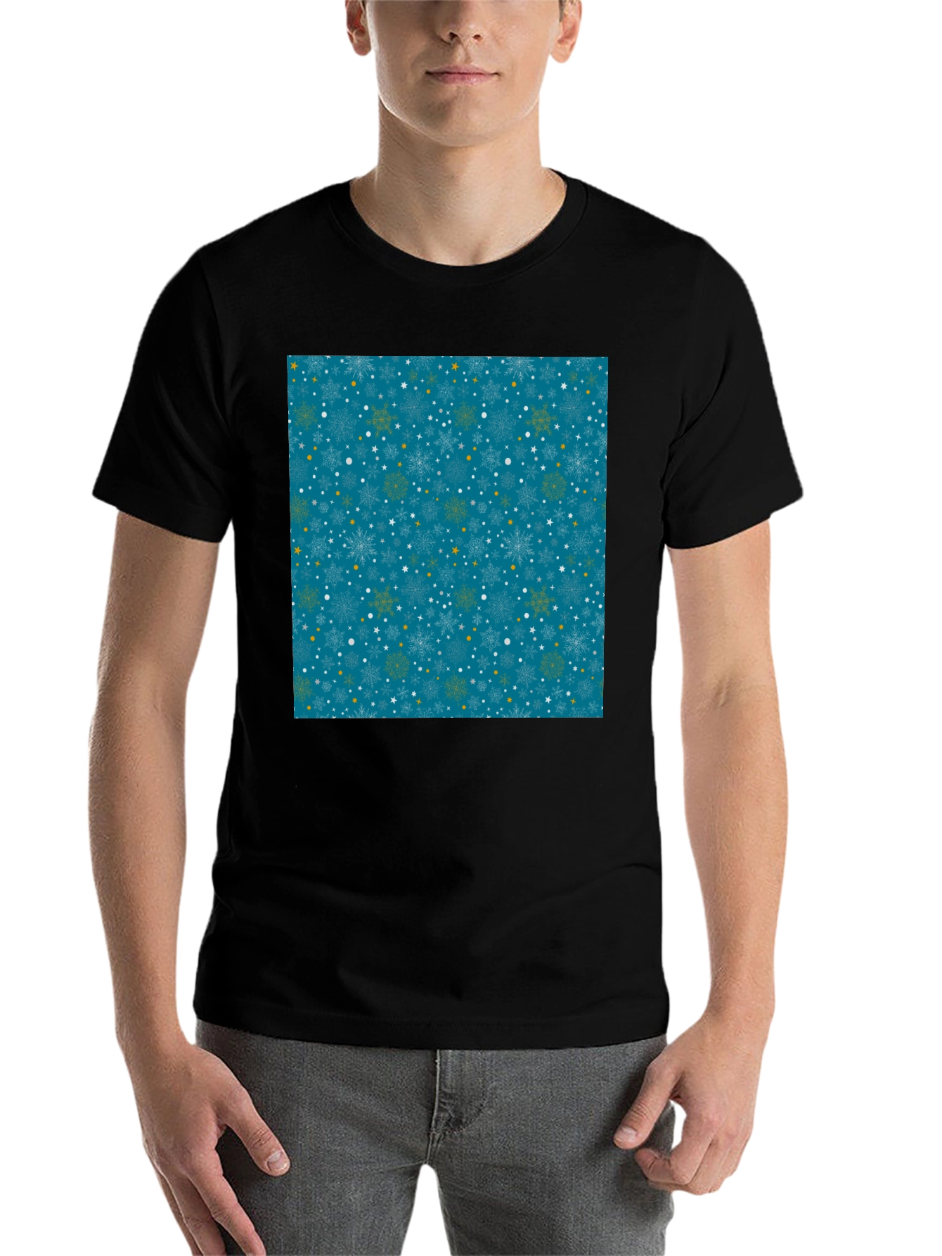 Black Winter Snowflake Pattern Black T-Shirt view 7