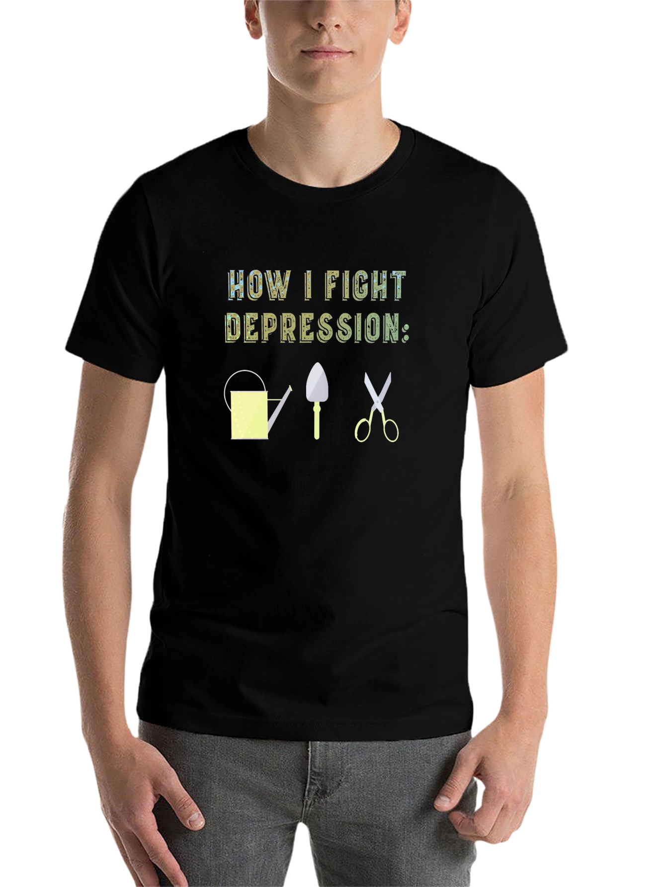 Black How I Fight Depression Gardening T-Shirt view 7