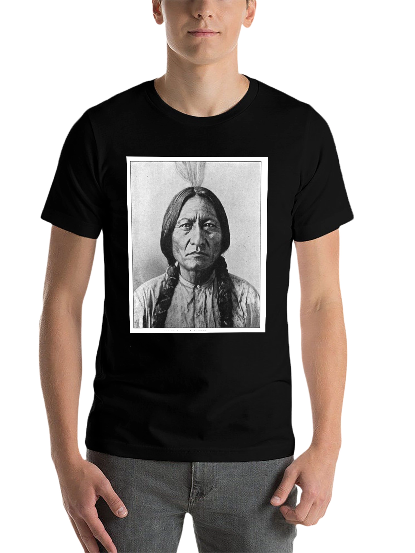 Black Sitting Bull Portrait T-Shirt - Black Cotton Tee view 7