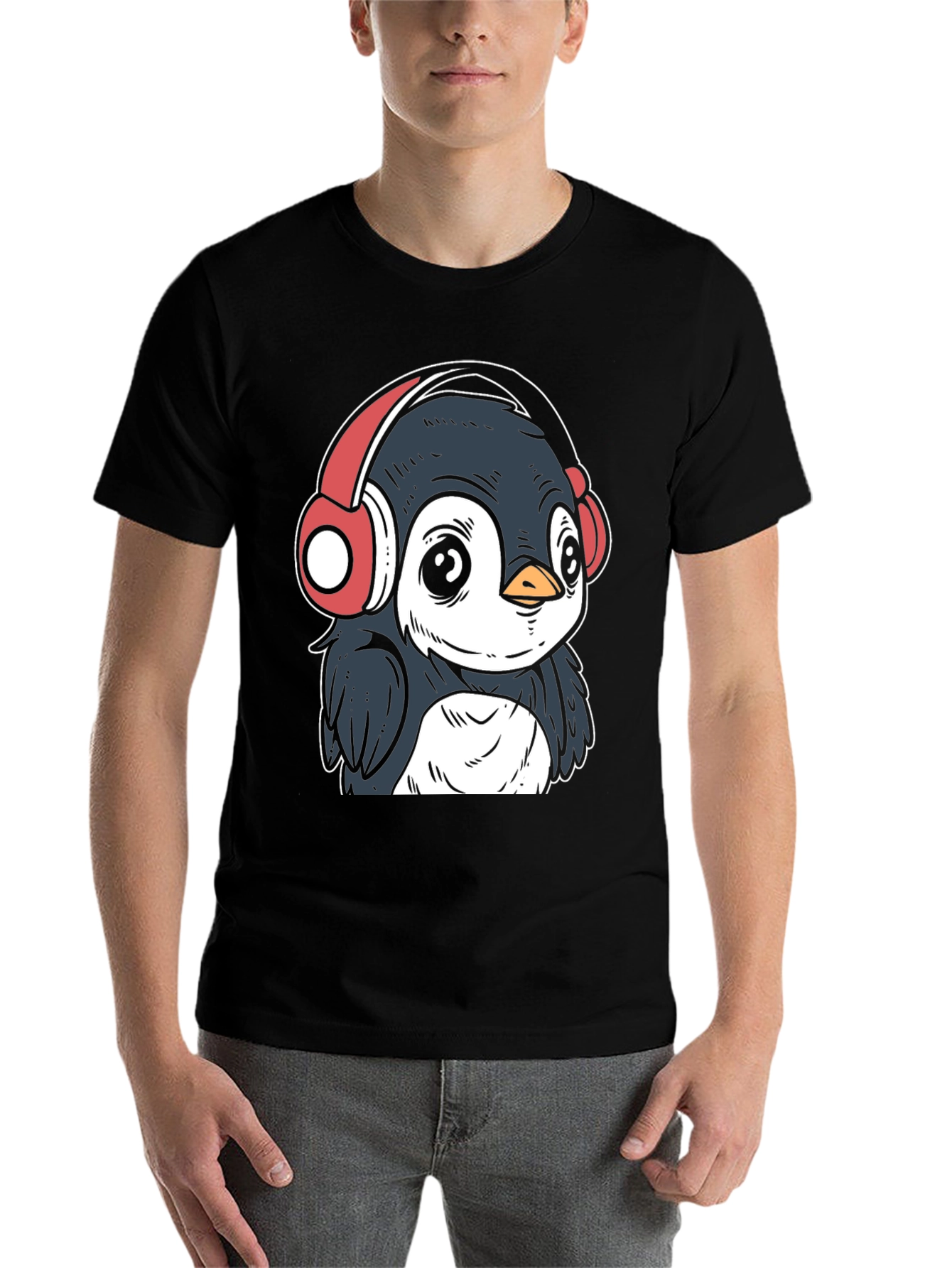Black Penguin Headphones Graphic Tee - Cool Black T-Shirt view 7