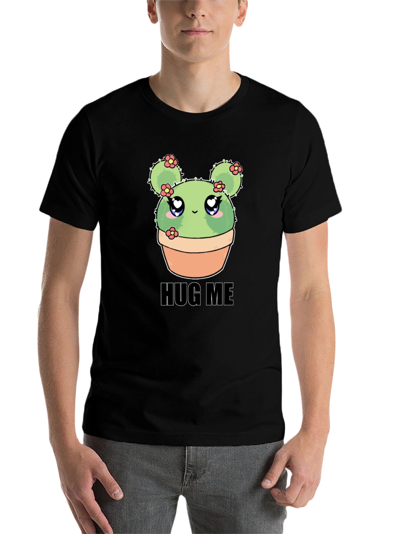 Black Cute Cactus Hug Me T-Shirt - Kawaii Plant Tee view 7