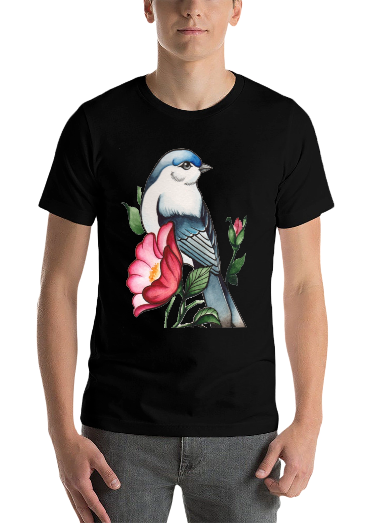 Black Bird and Blossom Graphic Tee - Stylish Nature Design view 7