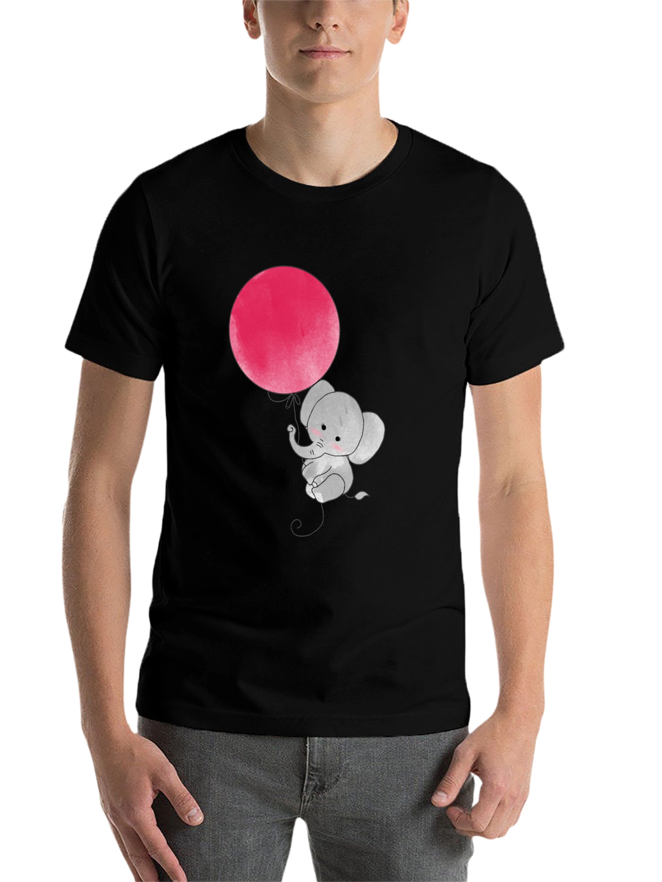Black Cute Elephant with Balloon Graphic T-Shirt view 7