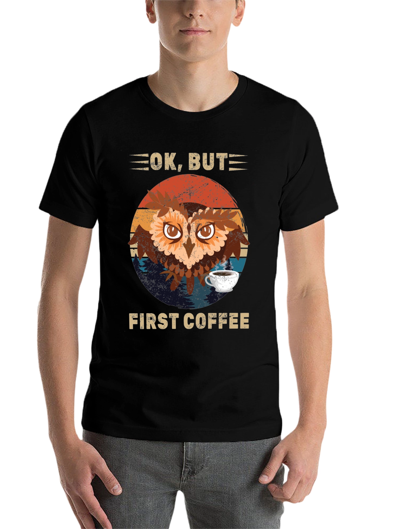 Black Ok, But First Coffee Owl T-Shirt view 7