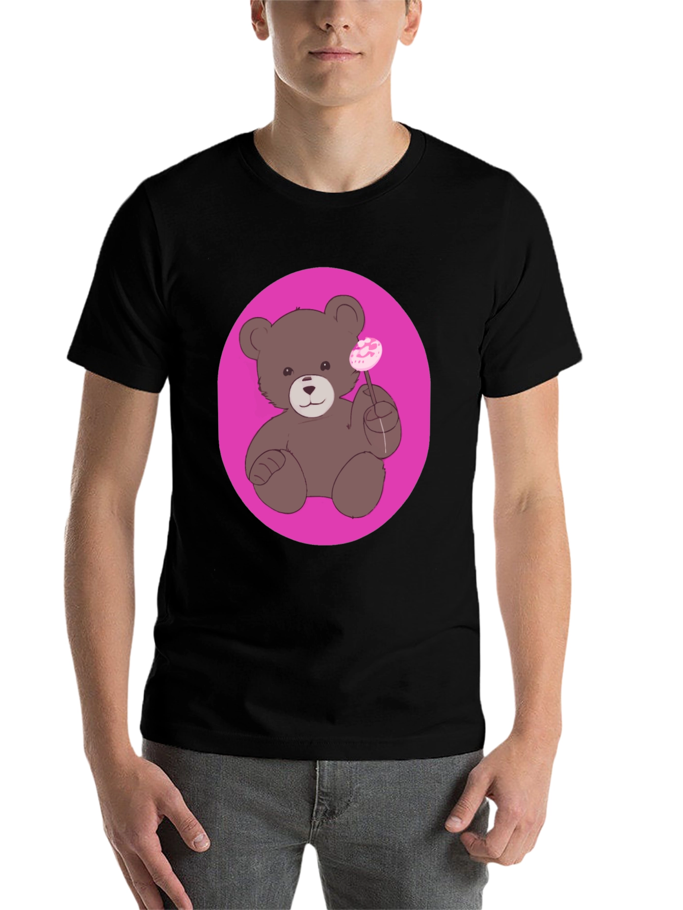 Black Cute Teddy Bear Lollipop Graphic Tee - Unisex view 7