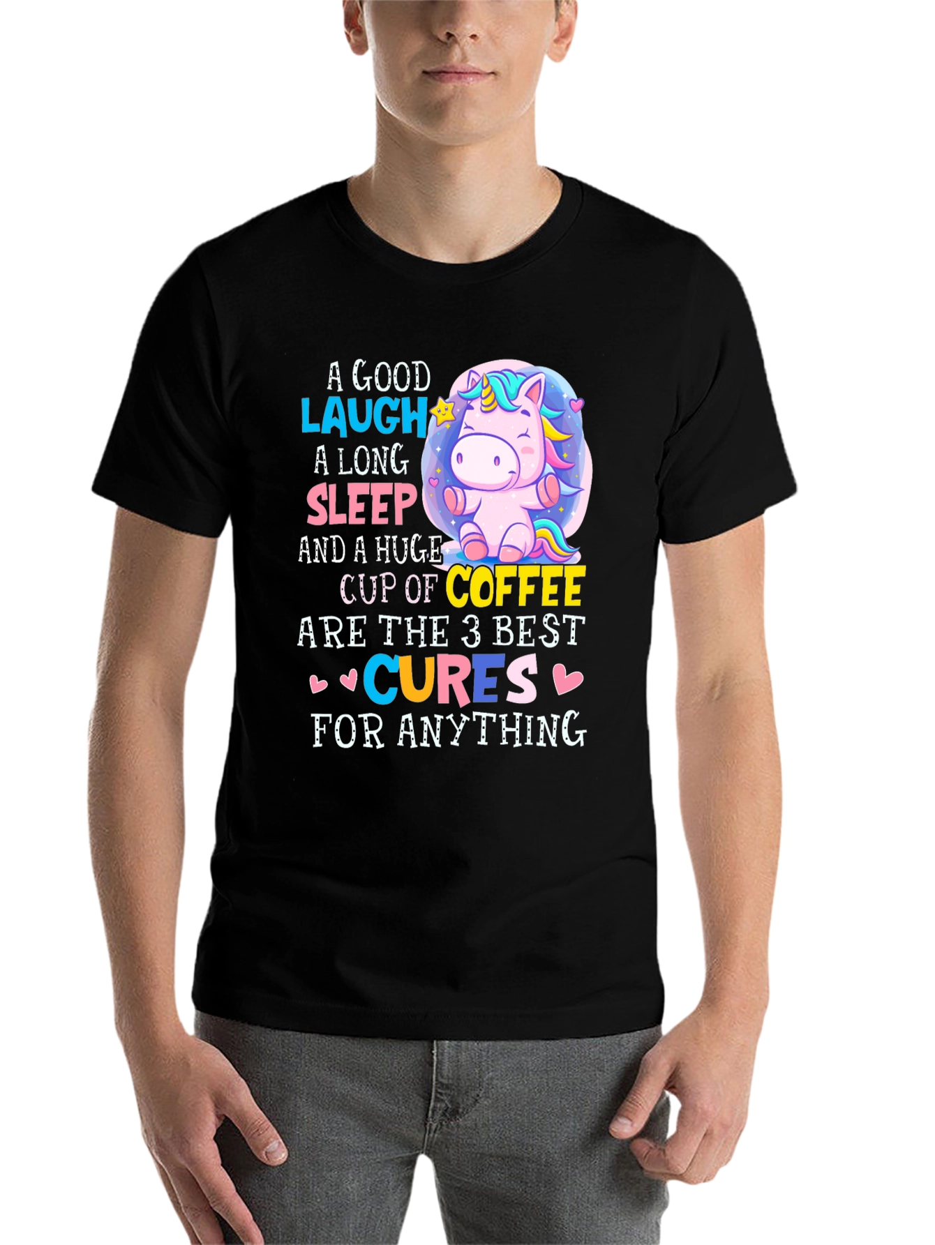 Black Funny Unicorn Coffee Cures T-Shirt view 7