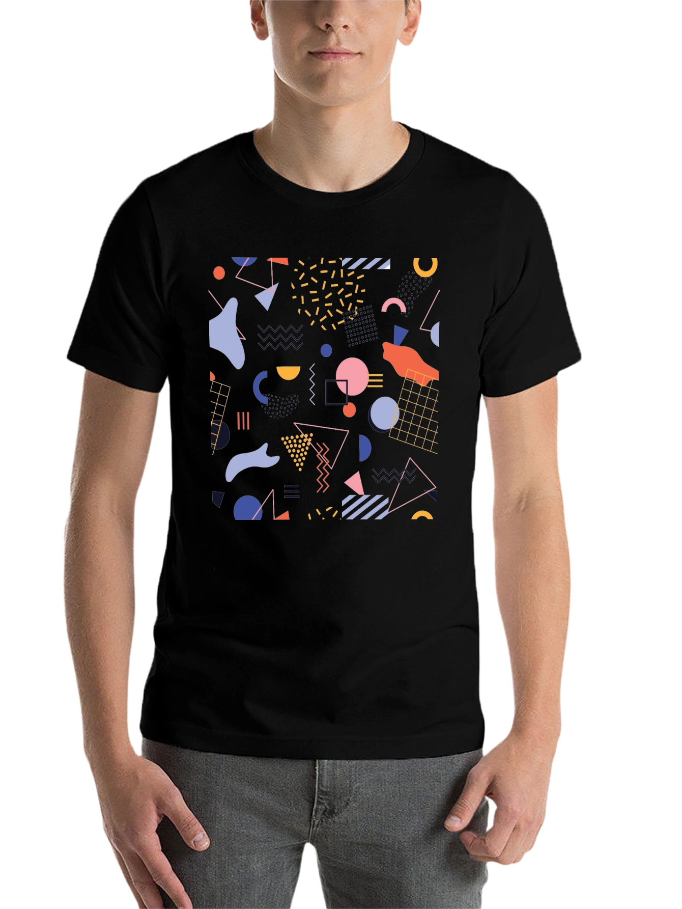 Black Retro Geometric Pattern Black T-Shirt view 7