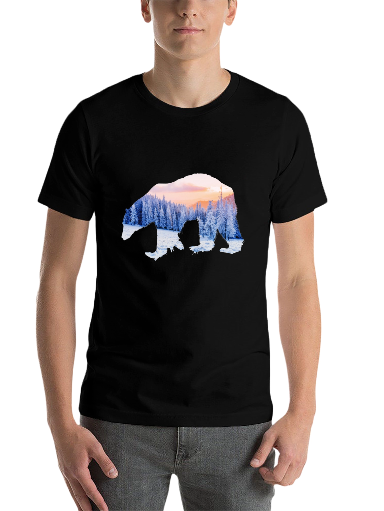 Black Bear Silhouette Winter Forest Graphic Tee view 7