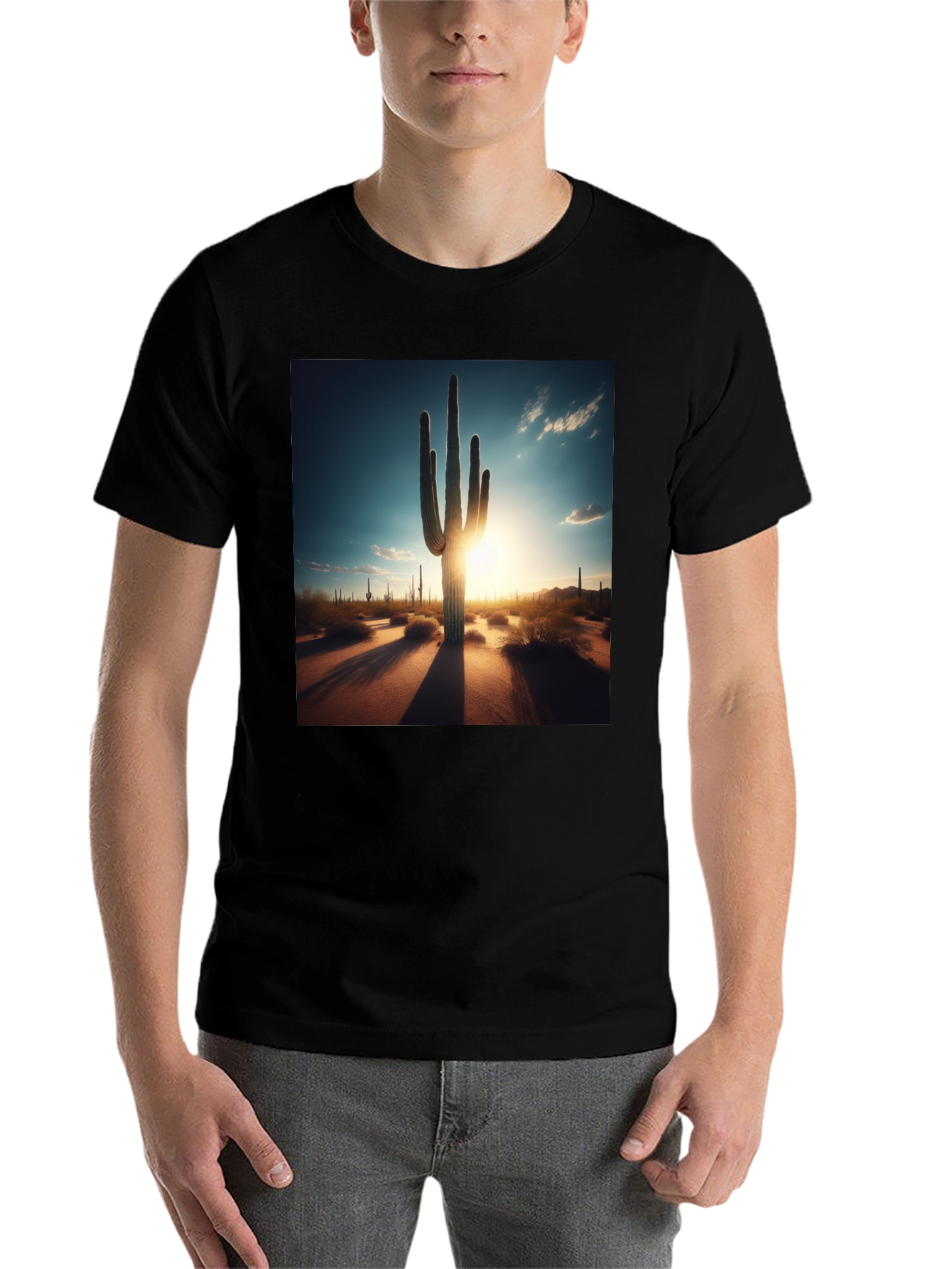 Black Desert Sunset Cactus Graphic Tee - Black Cotton T-Shirt view 7