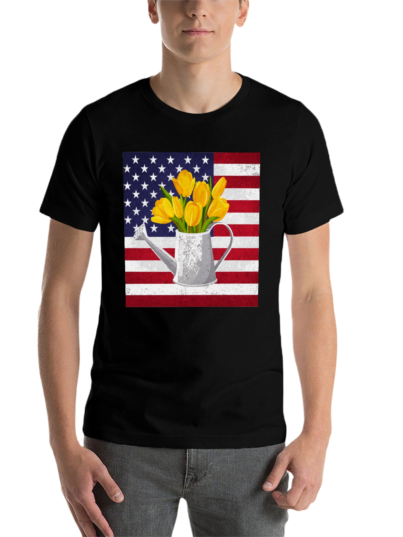 Black American Flag Tulips Watering Can Graphic Tee view 7