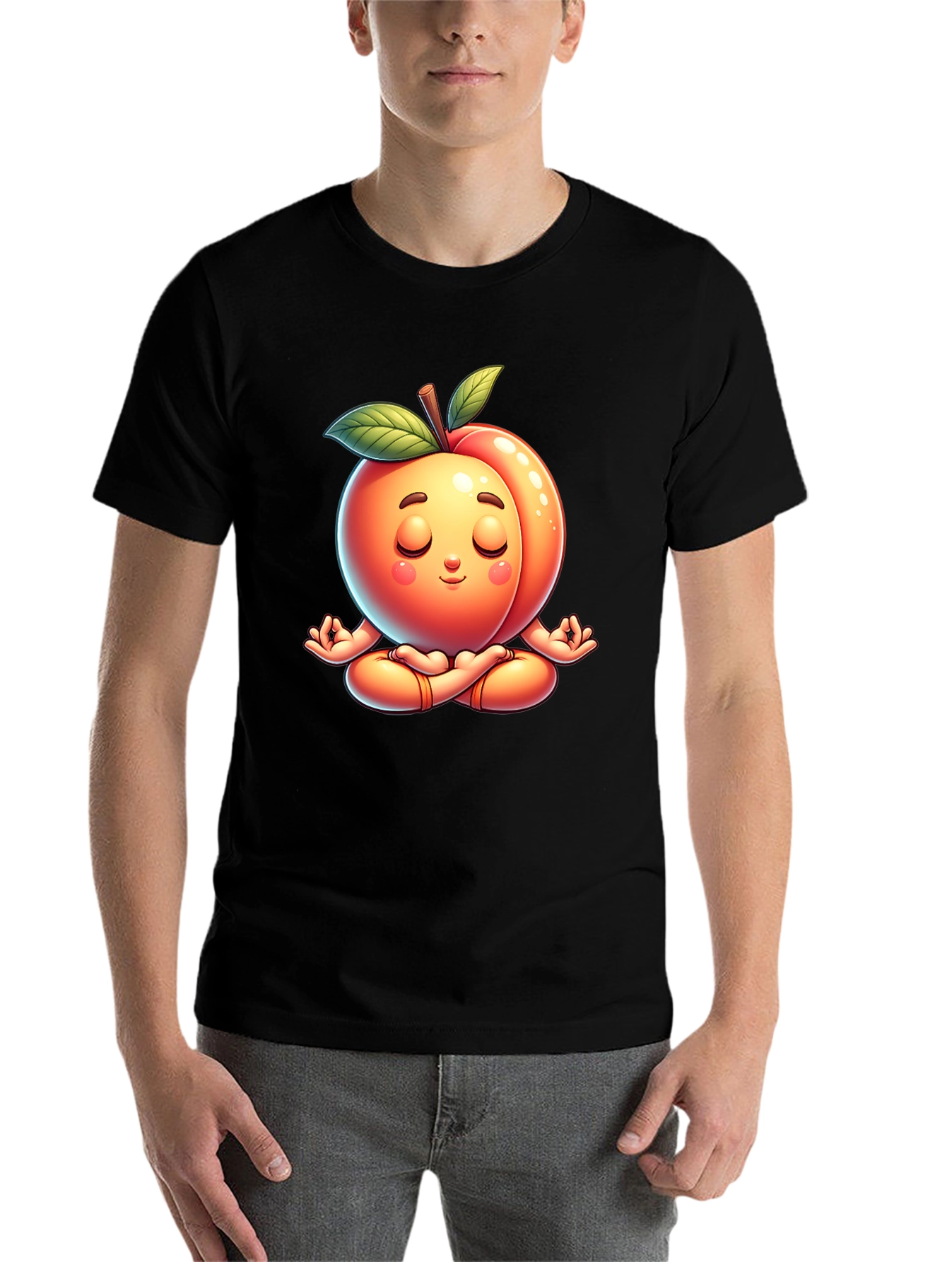 Black Funny Peach Meditating Yoga Black T-Shirt view 7