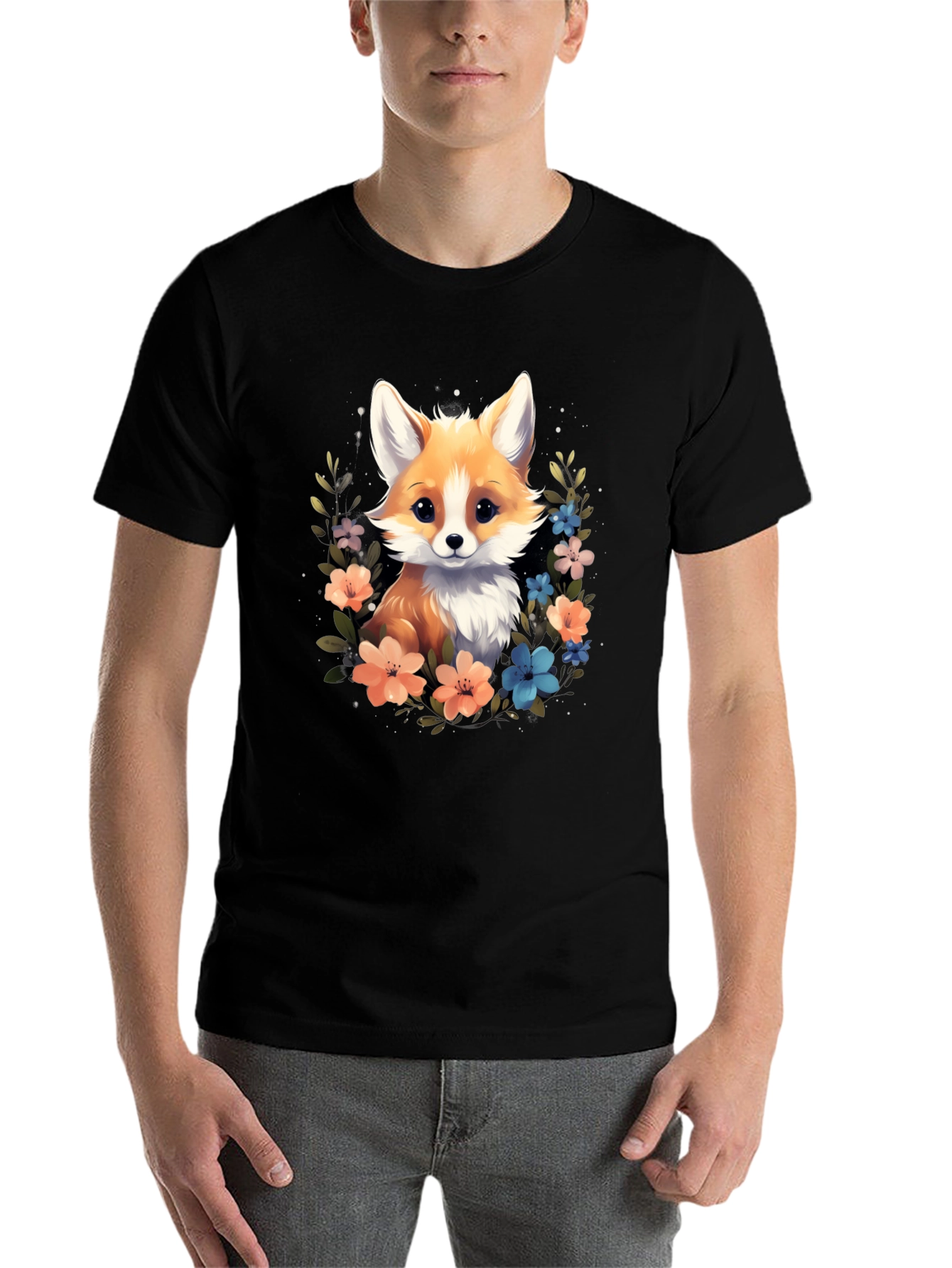 Black Cute Fox Floral Black T-Shirt view 7