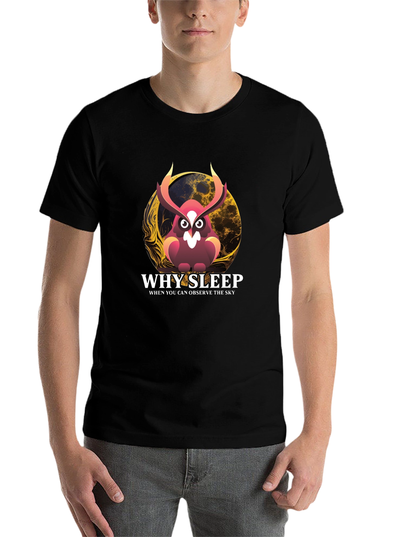 Black Why Sleep? Owl Graphic Tee - Observe the Sky T-Shirt view 7
