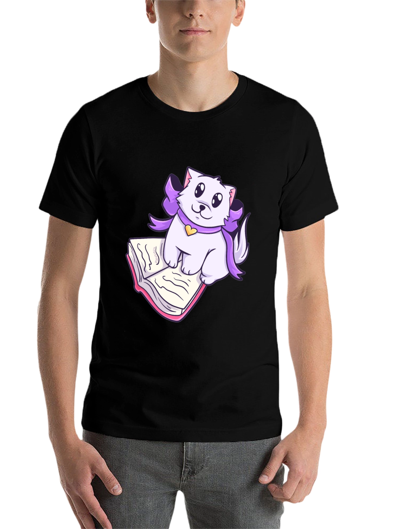 Black Cute Cat Reading T-Shirt - Soft Cotton Blend view 7