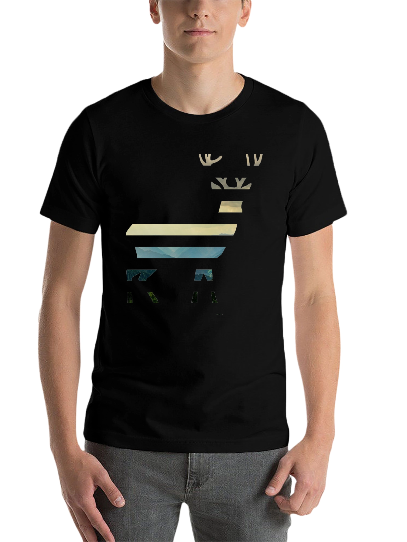 Black Abstract Deer Graphic Men's Black T-Shirt view 7