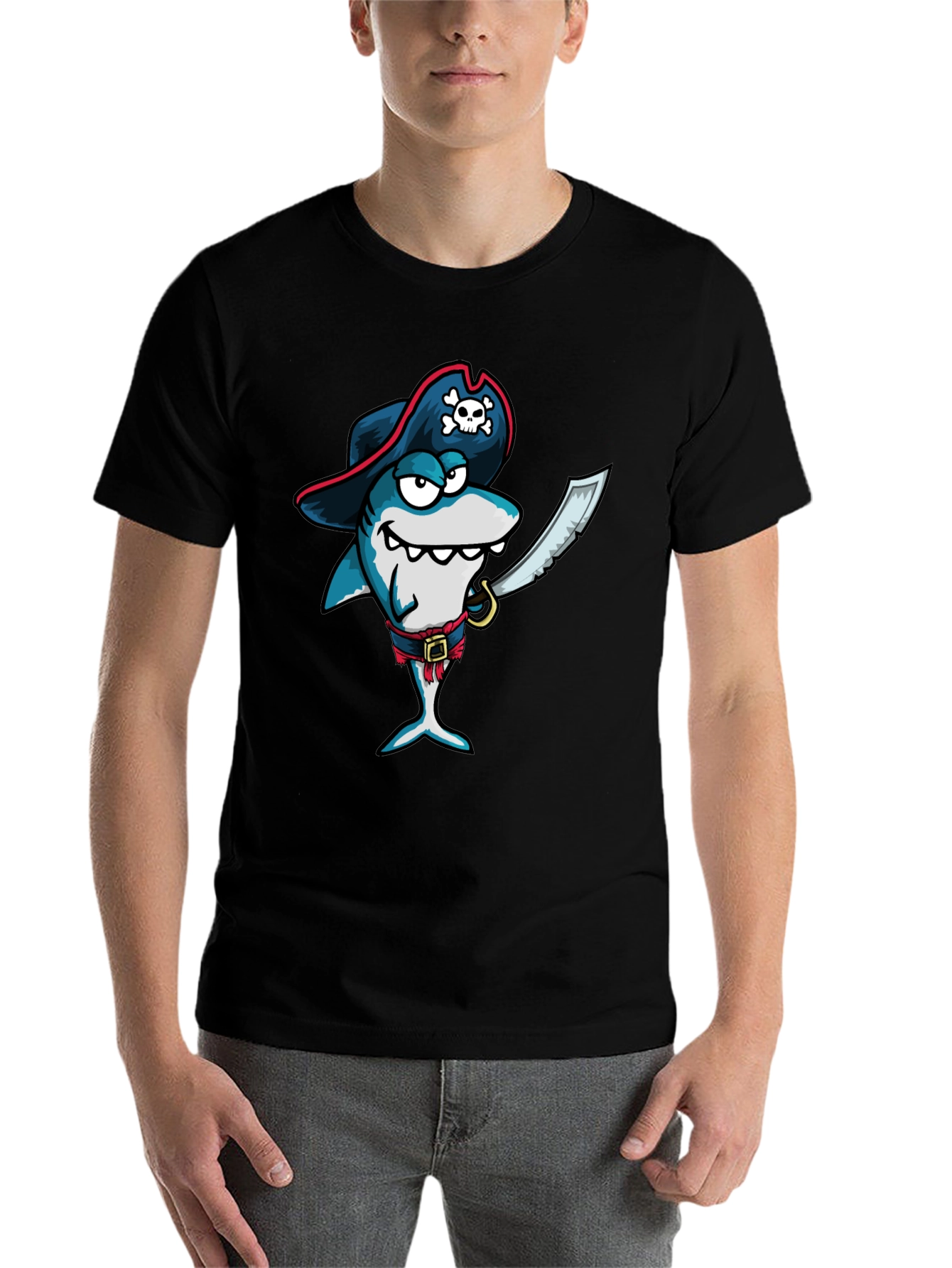 Black Pirate Shark Graphic Tee - Black Cotton T-Shirt view 7