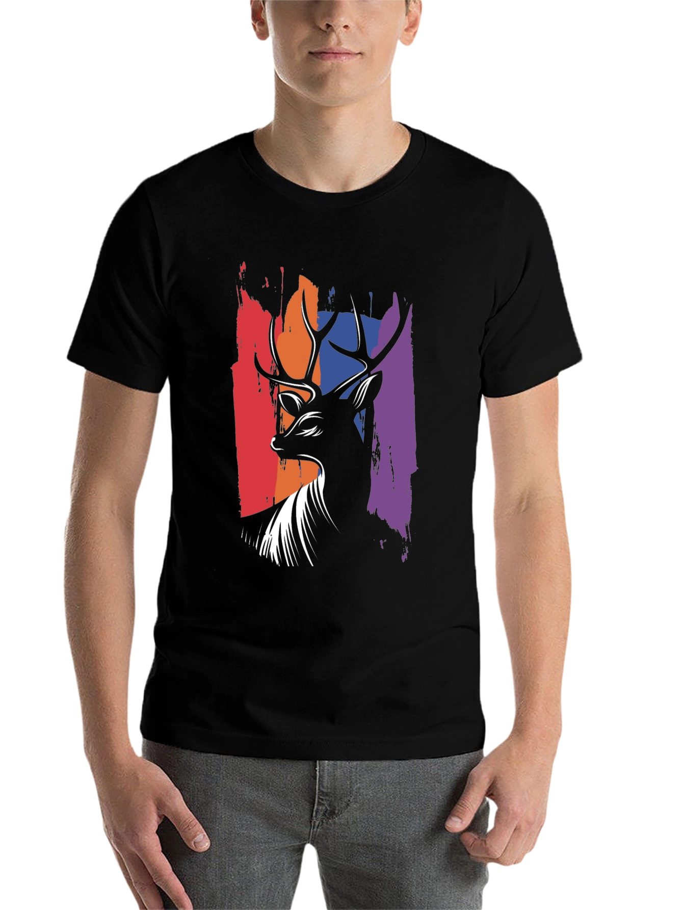 Black Abstract Deer Graphic Tee - Men's Black T-Shirt view 7