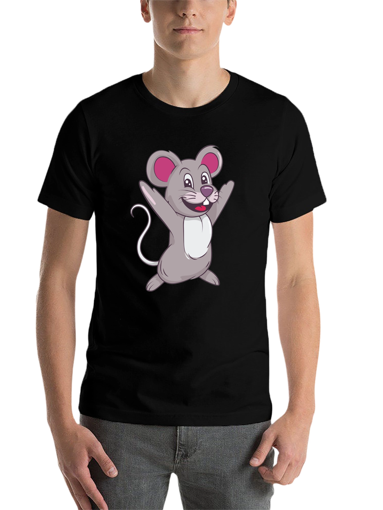Black Cartoon Mouse Graphic Tee - Black Casual T-Shirt view 7