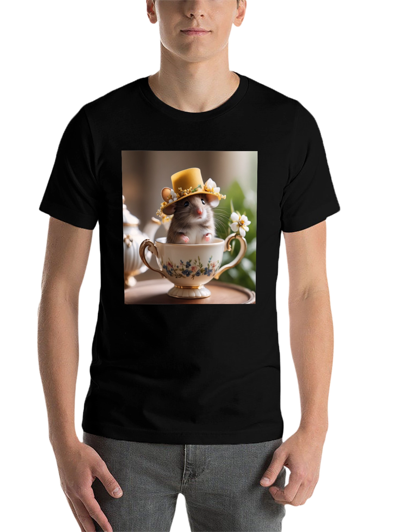 Black Cute Hamster in Teacup Graphic Tee view 7