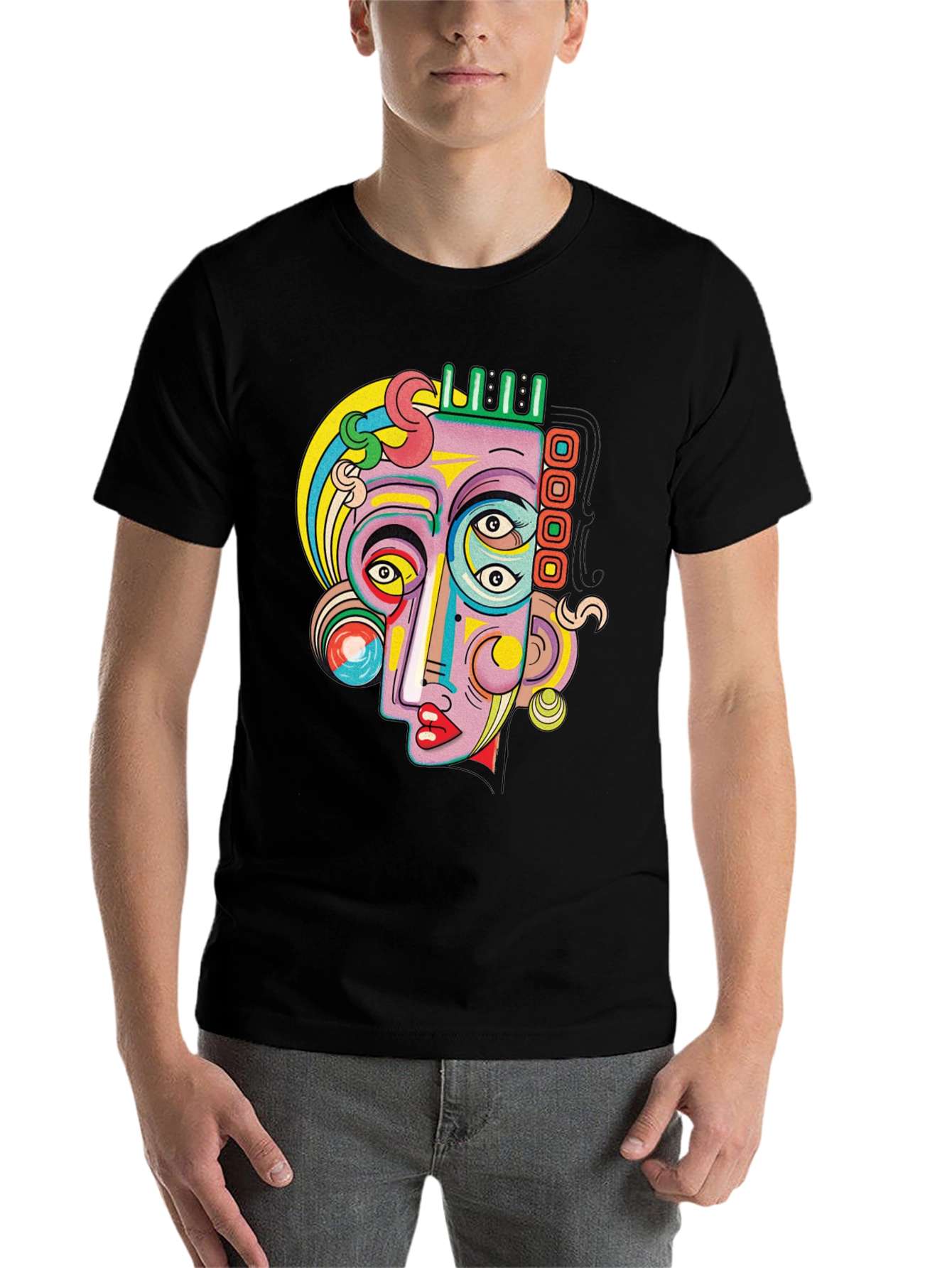 Black Abstract Face Graphic Tee - Unique Art T-Shirt view 7