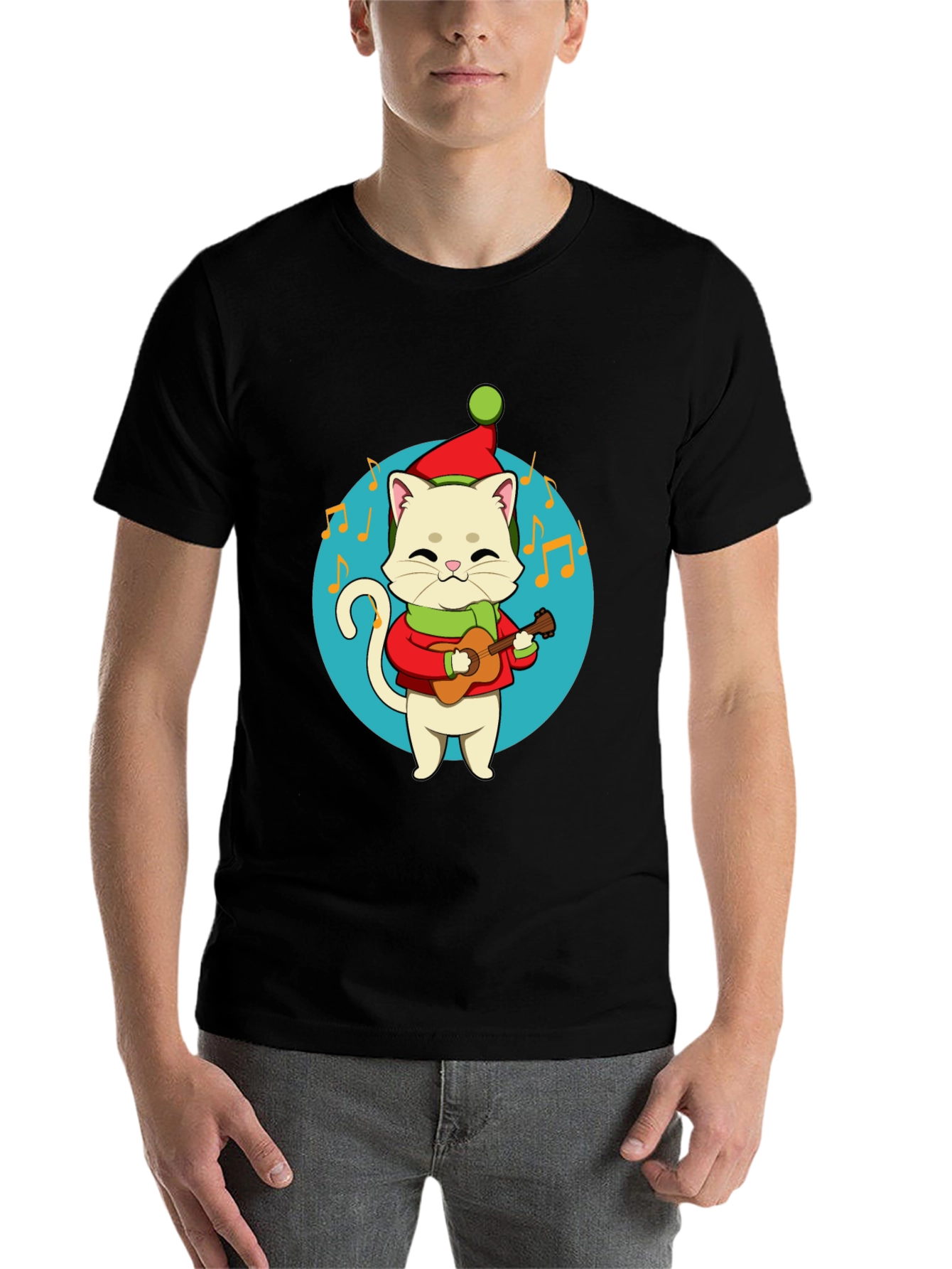 Black Festive Cat Guitarist Graphic Tee - Holiday Cheer! view 7
