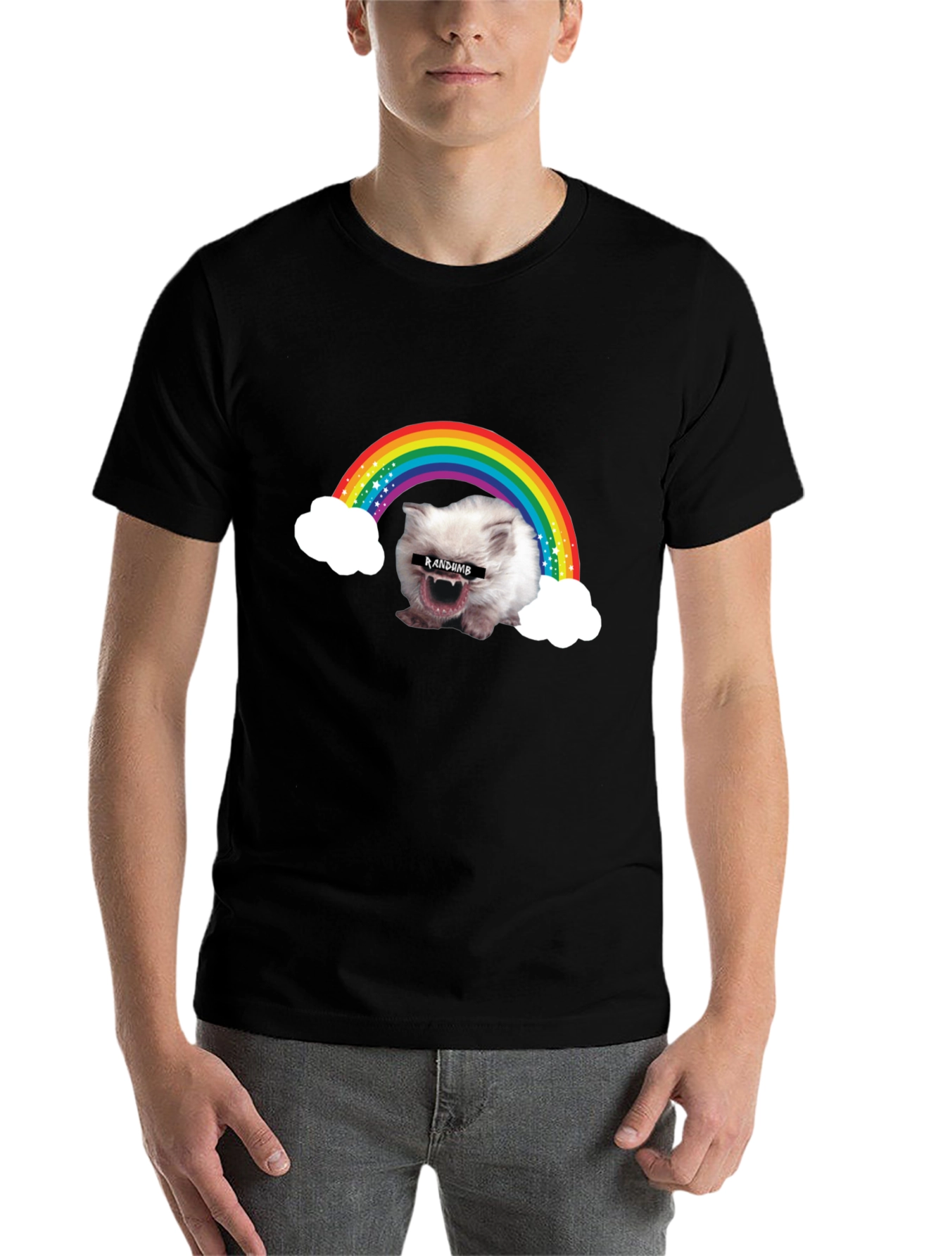 Black Random Rainbow Cat Meme T-Shirt view 7