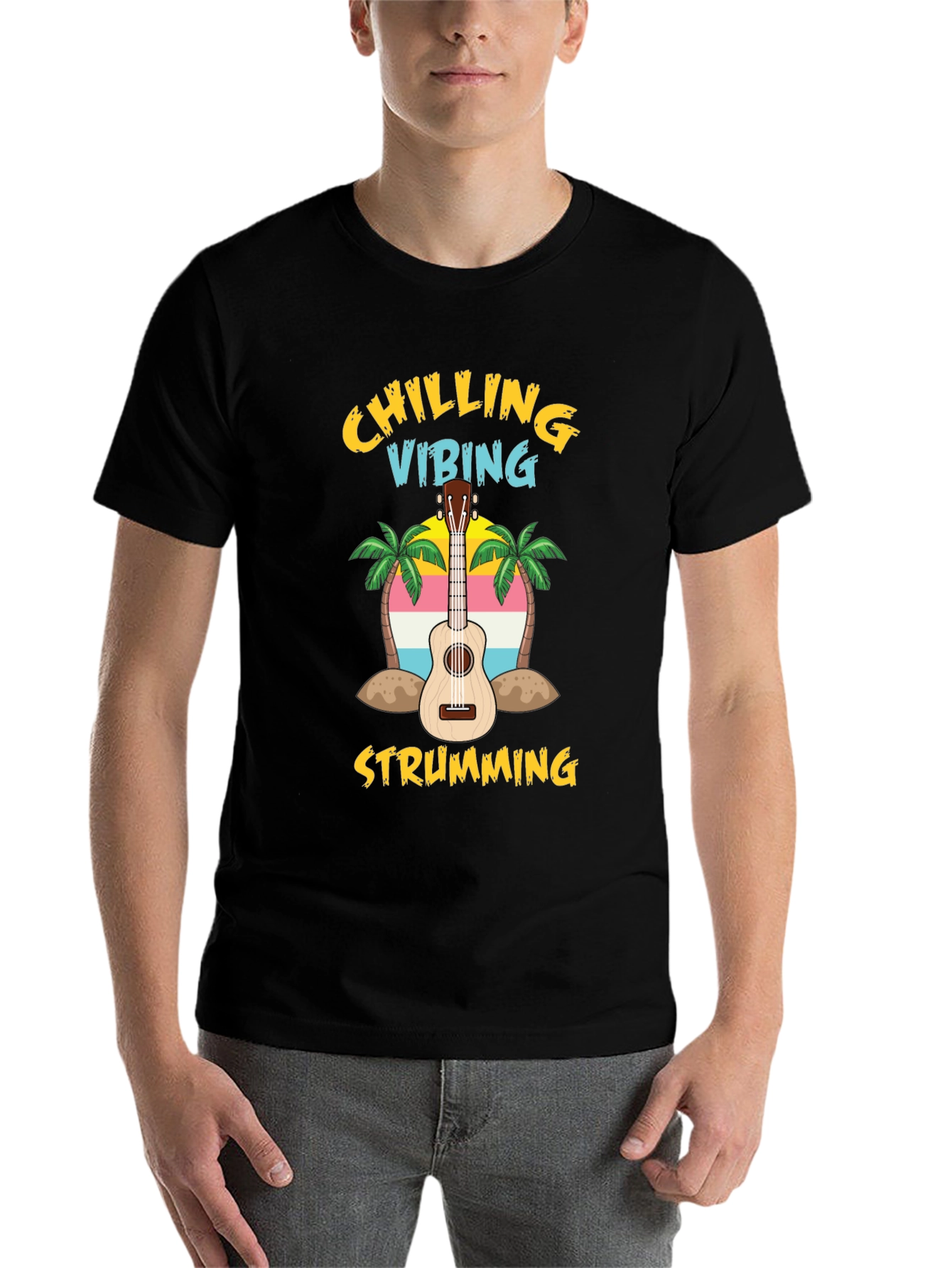 Black Chilling Vibing Strumming Ukulele T-Shirt view 7
