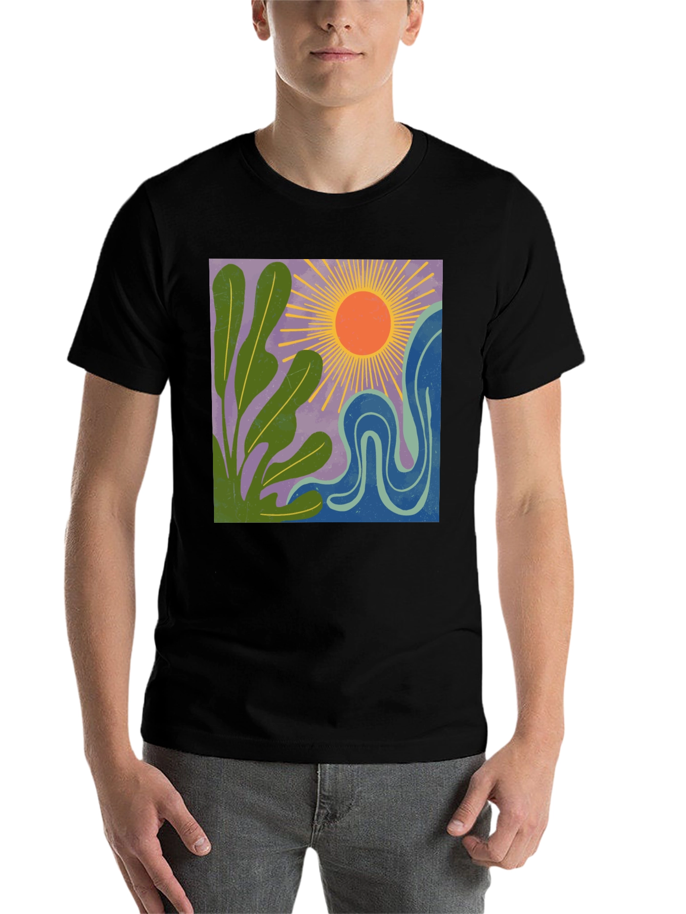 Black Abstract Sun & Plant Graphic Tee - Black Cotton Blend view 7
