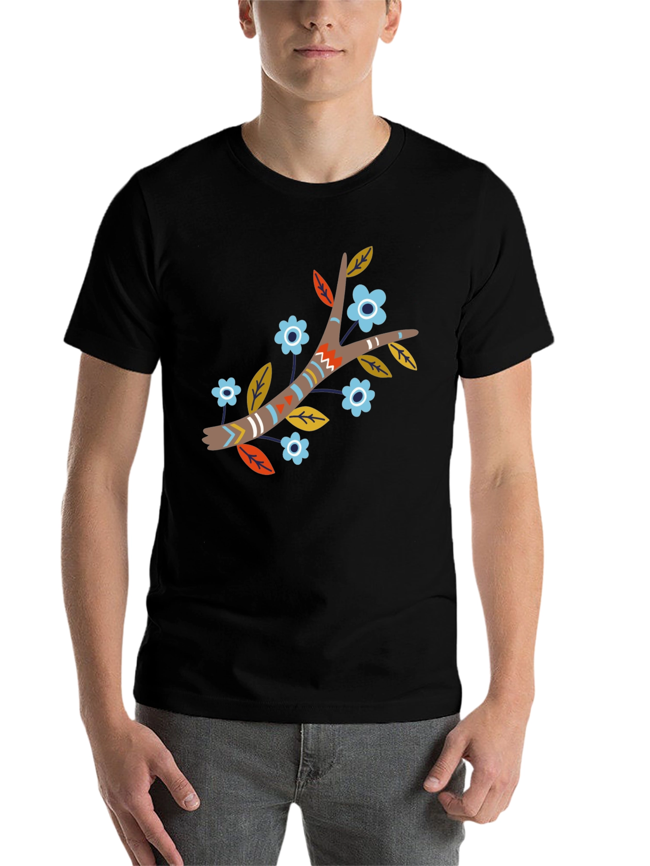 Black Boho Floral Branch Print Black T-Shirt view 7
