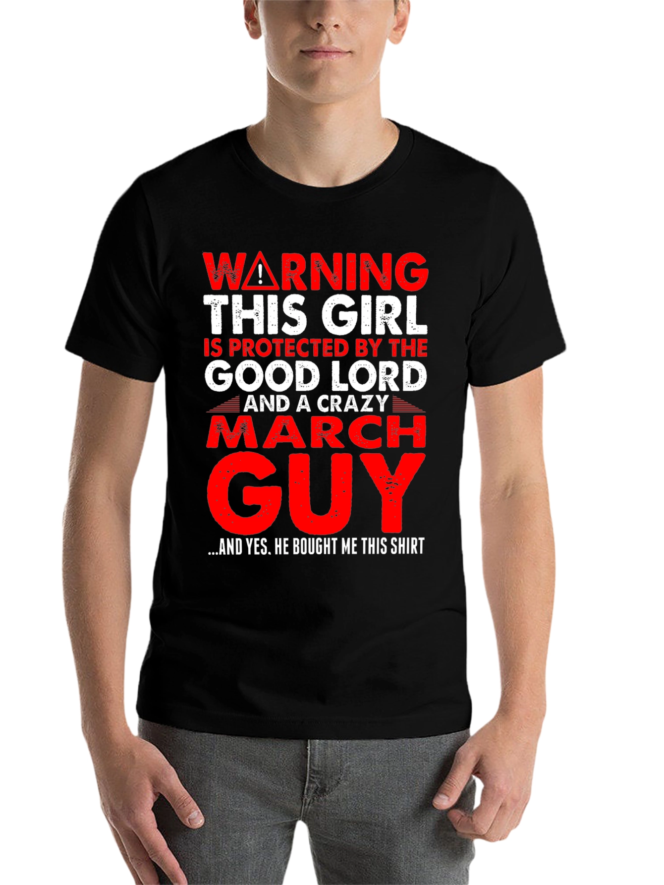 Black Warning Protected by Crazy March Guy T-Shirt view 7