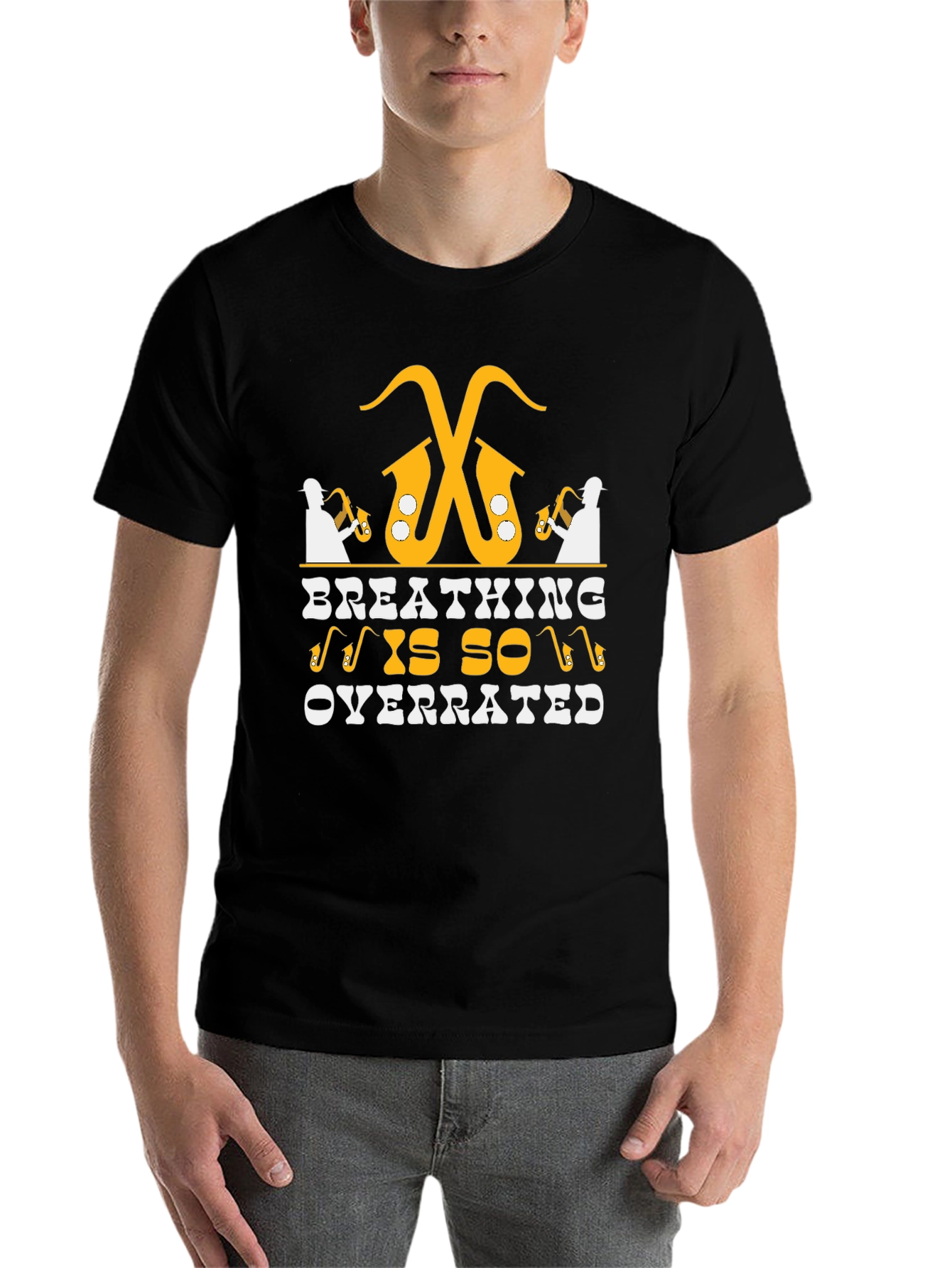 Black Saxophone Player T-Shirt - Breathing is Overrated view 7