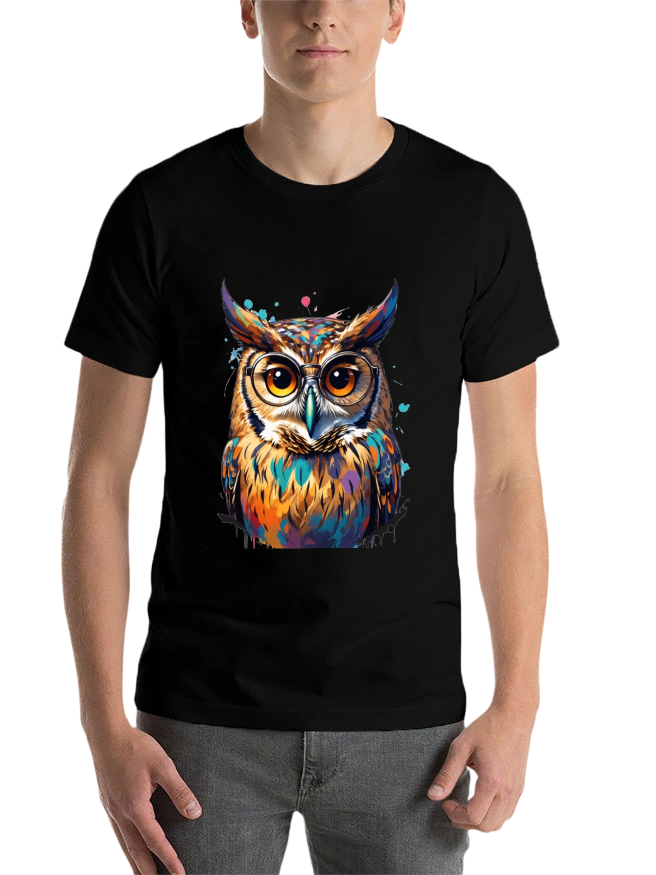Black Colorful Owl Graphic Tee - Unisex Cotton T-Shirt view 7